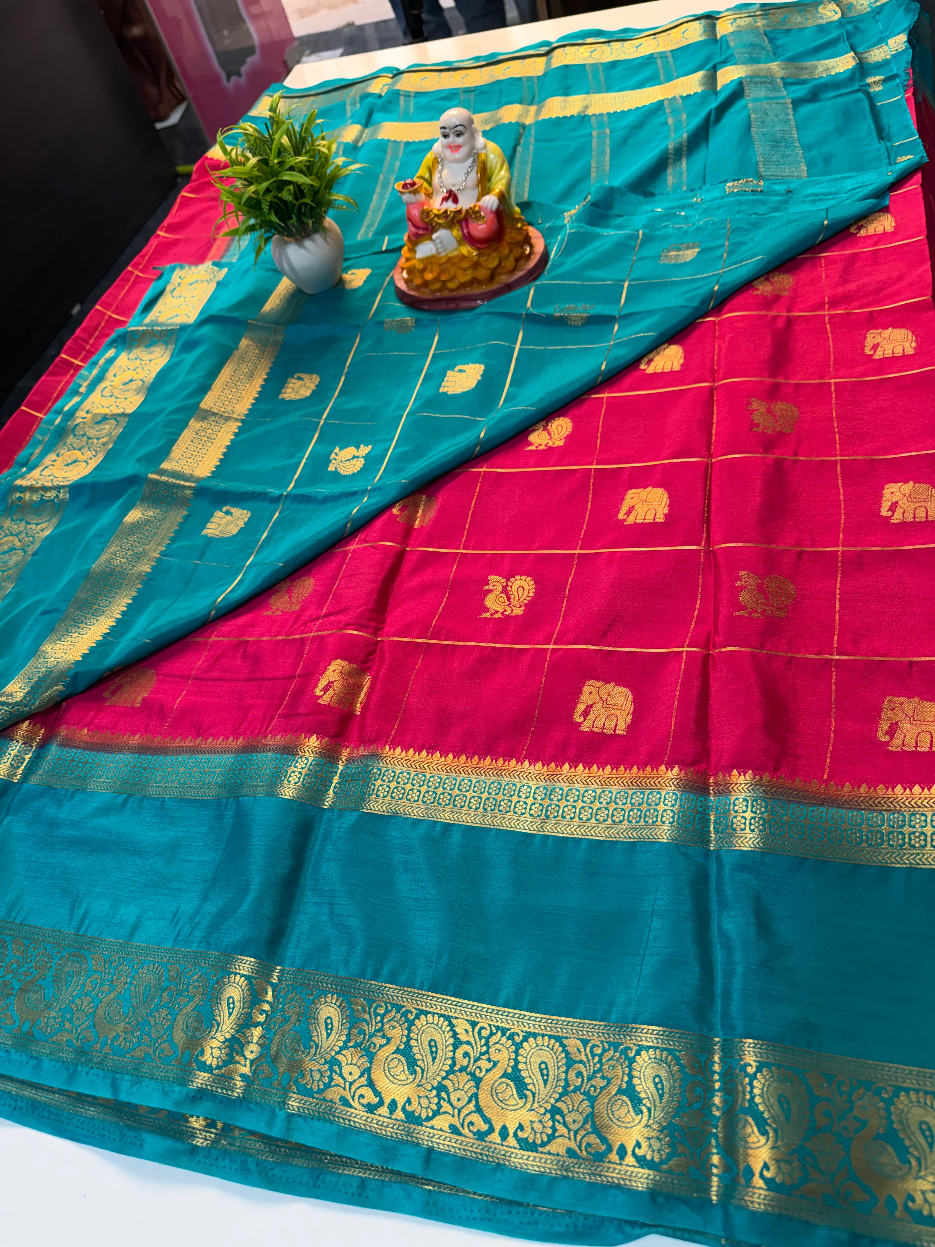 Premium Mysore Crape Silk Saree with Checks, Peacock & Elephant Buttas with Chit Pallu | Padmavathi Silks and Sarees…