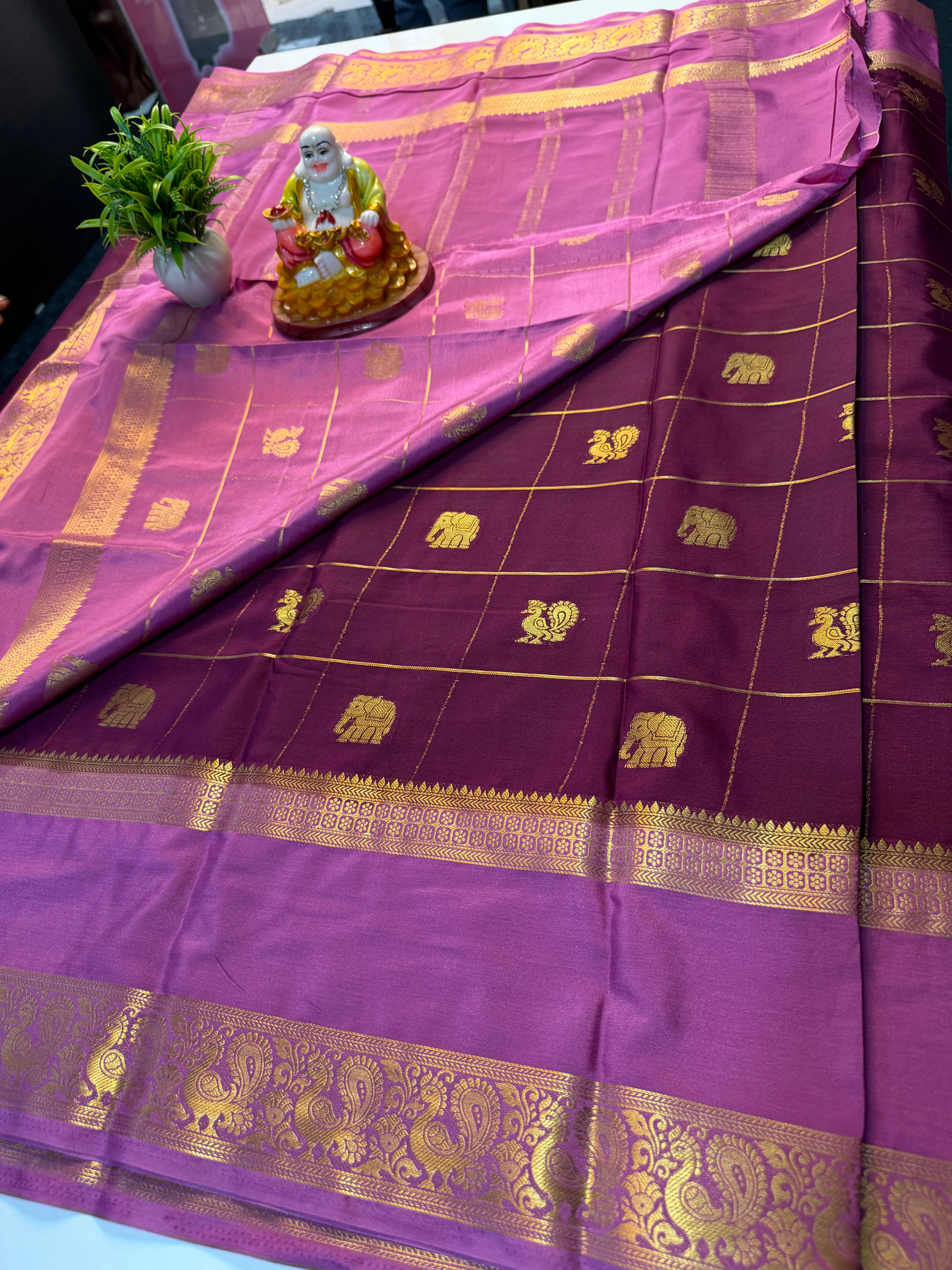 Premium Mysore Crape Silk Saree with Checks, Peacock & Elephant Buttas with Chit Pallu | Padmavathi Silks and Sarees…