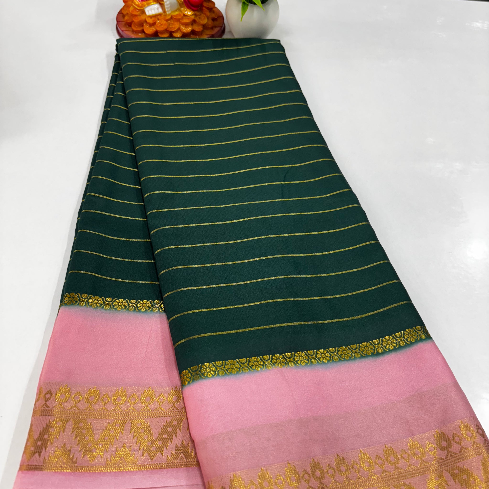 Elegant Semi Mysore Crepe Silk Saree with Contrast Border and Blouse
