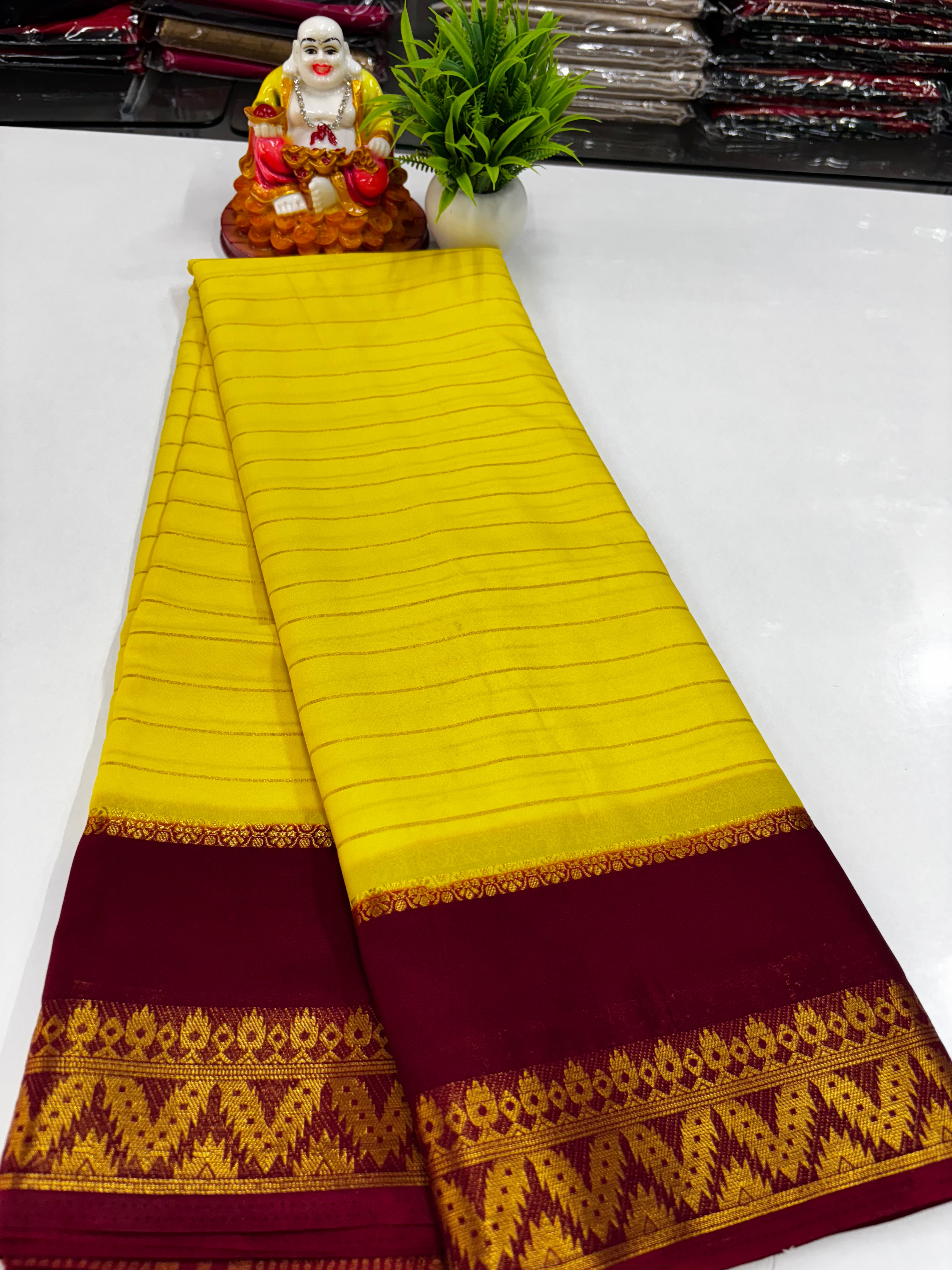 Elegant Semi Mysore Crepe Silk Saree with Contrast Border and Blouse