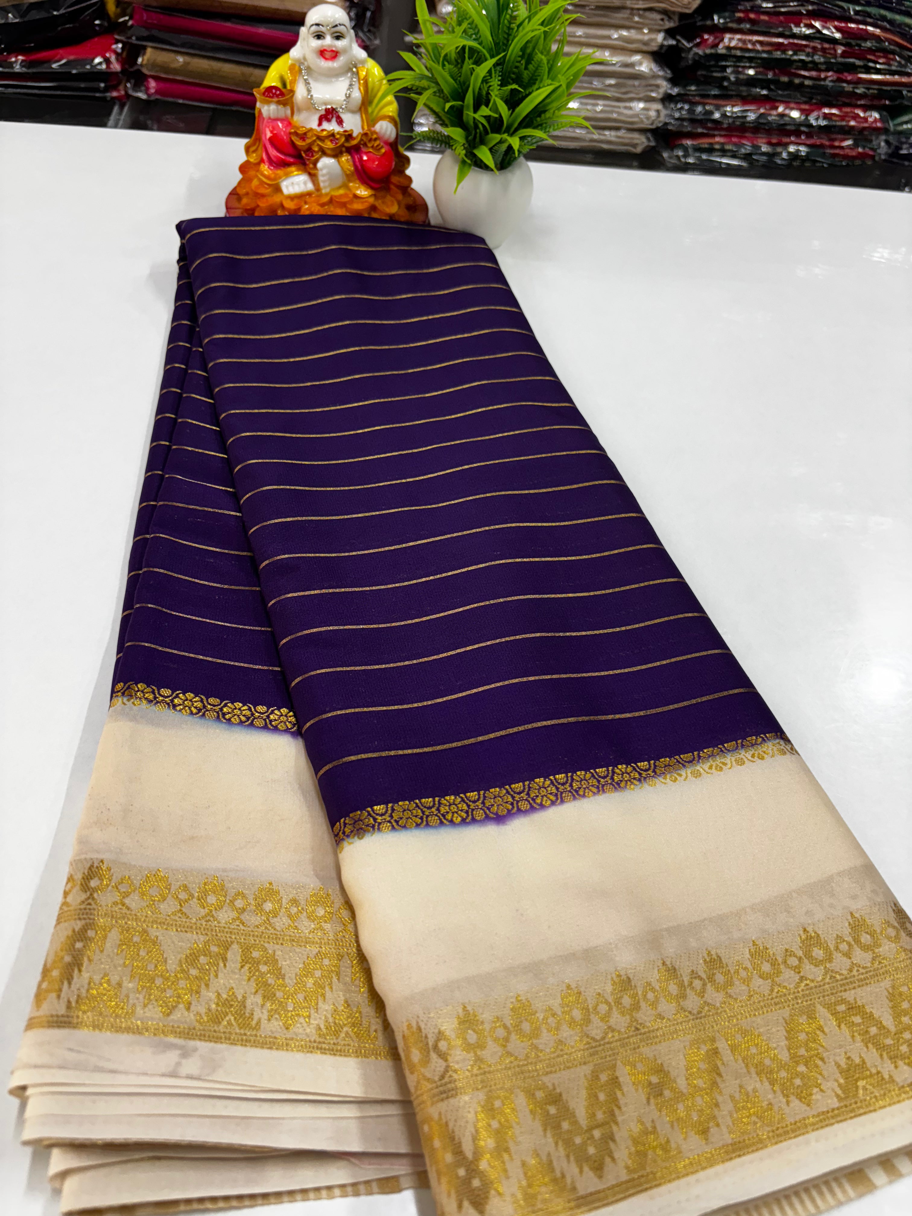 Elegant Semi Mysore Crepe Silk Saree with Contrast Border and Blouse