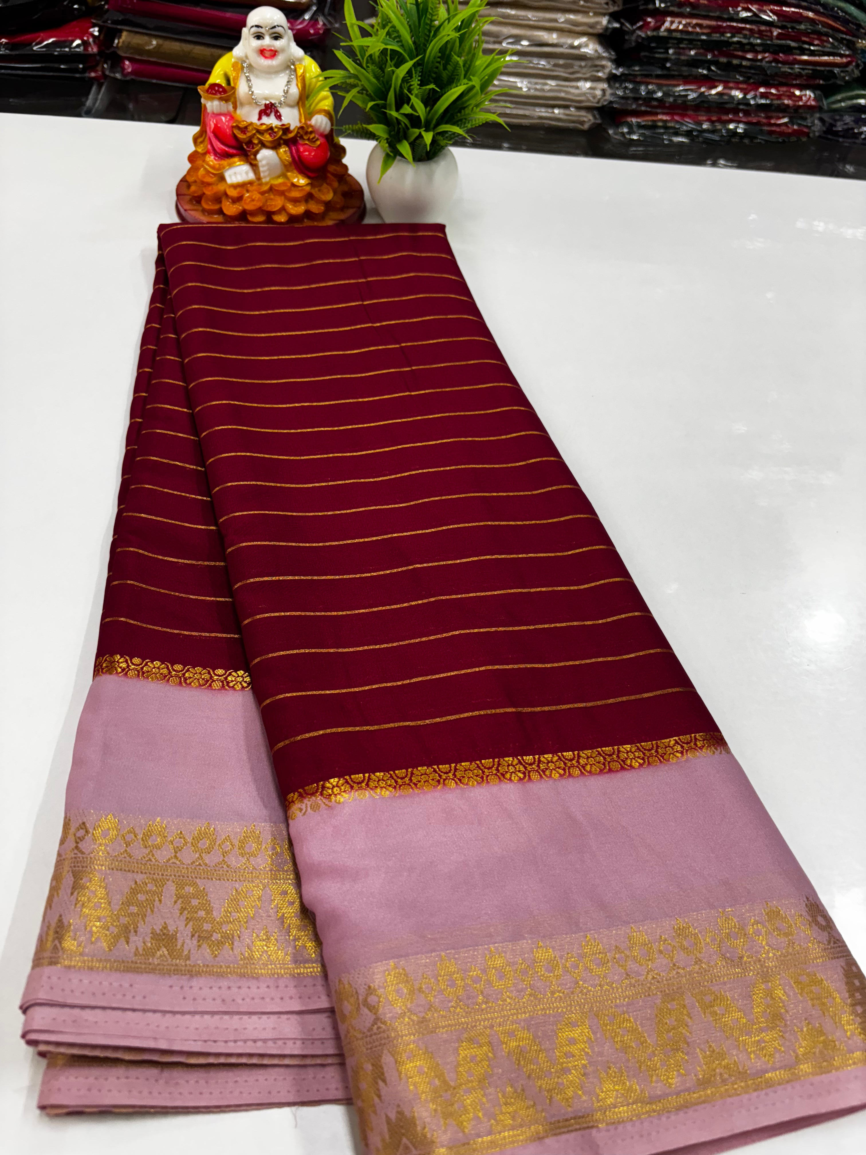 Elegant Semi Mysore Crepe Silk Saree with Contrast Border and Blouse