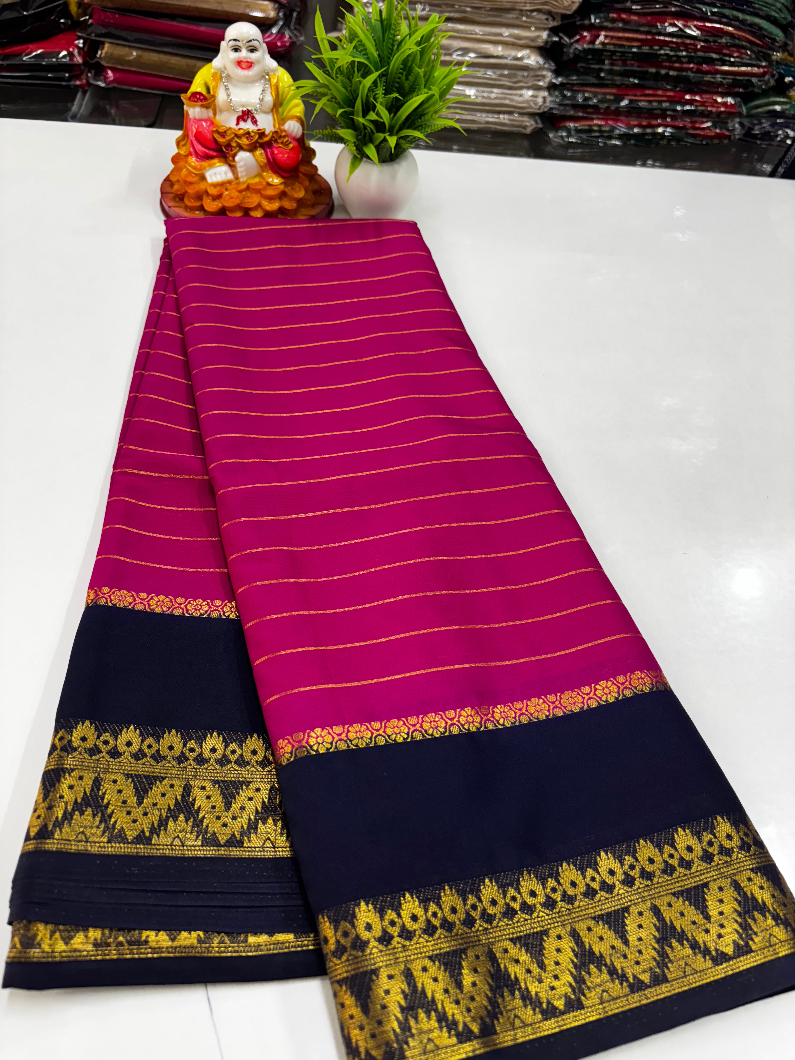 Elegant Semi Mysore Crepe Silk Saree with Contrast Border and Blouse