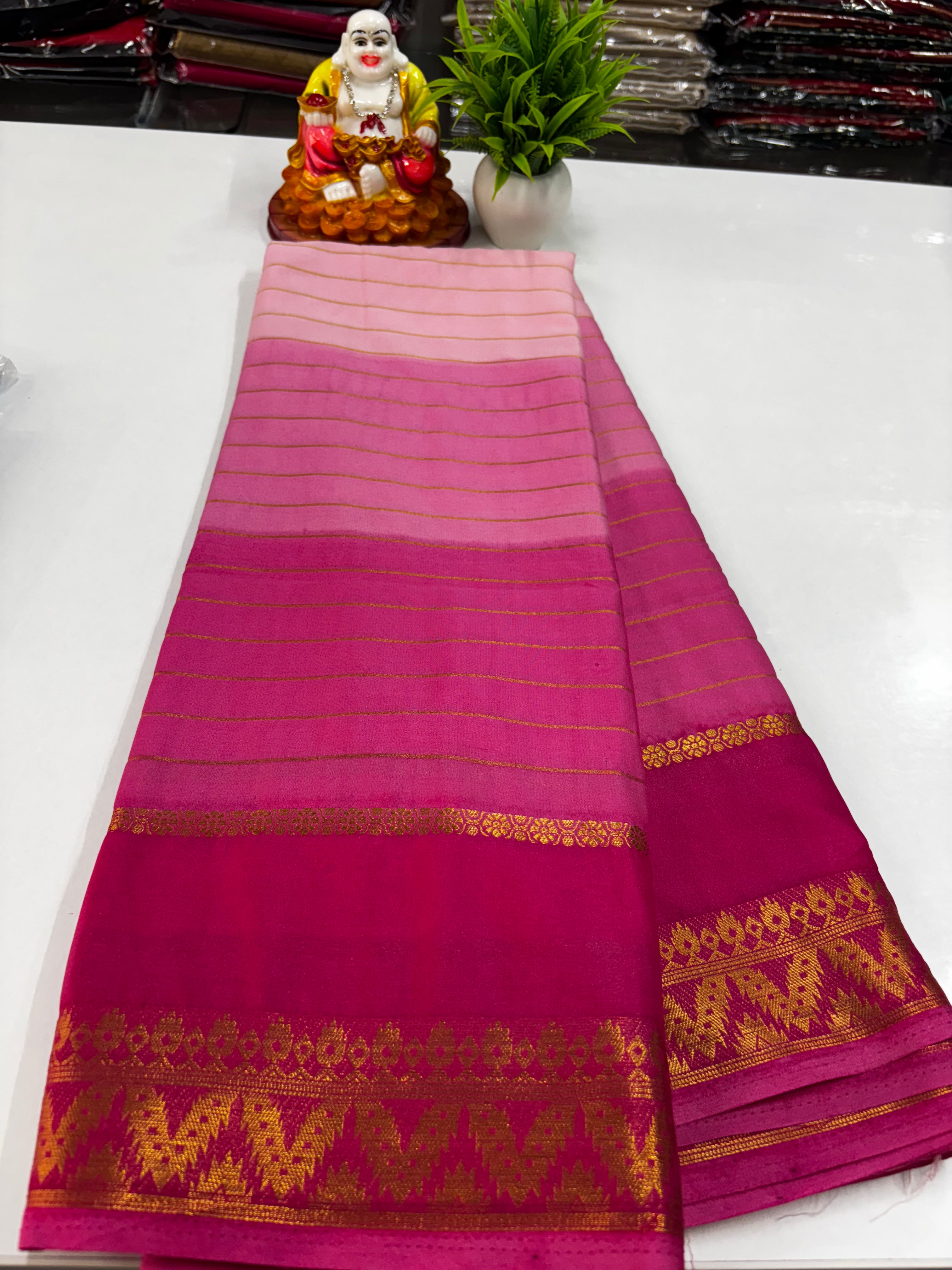 Elegant Semi Mysore Crepe Silk Saree with Contrast Border and Blouse