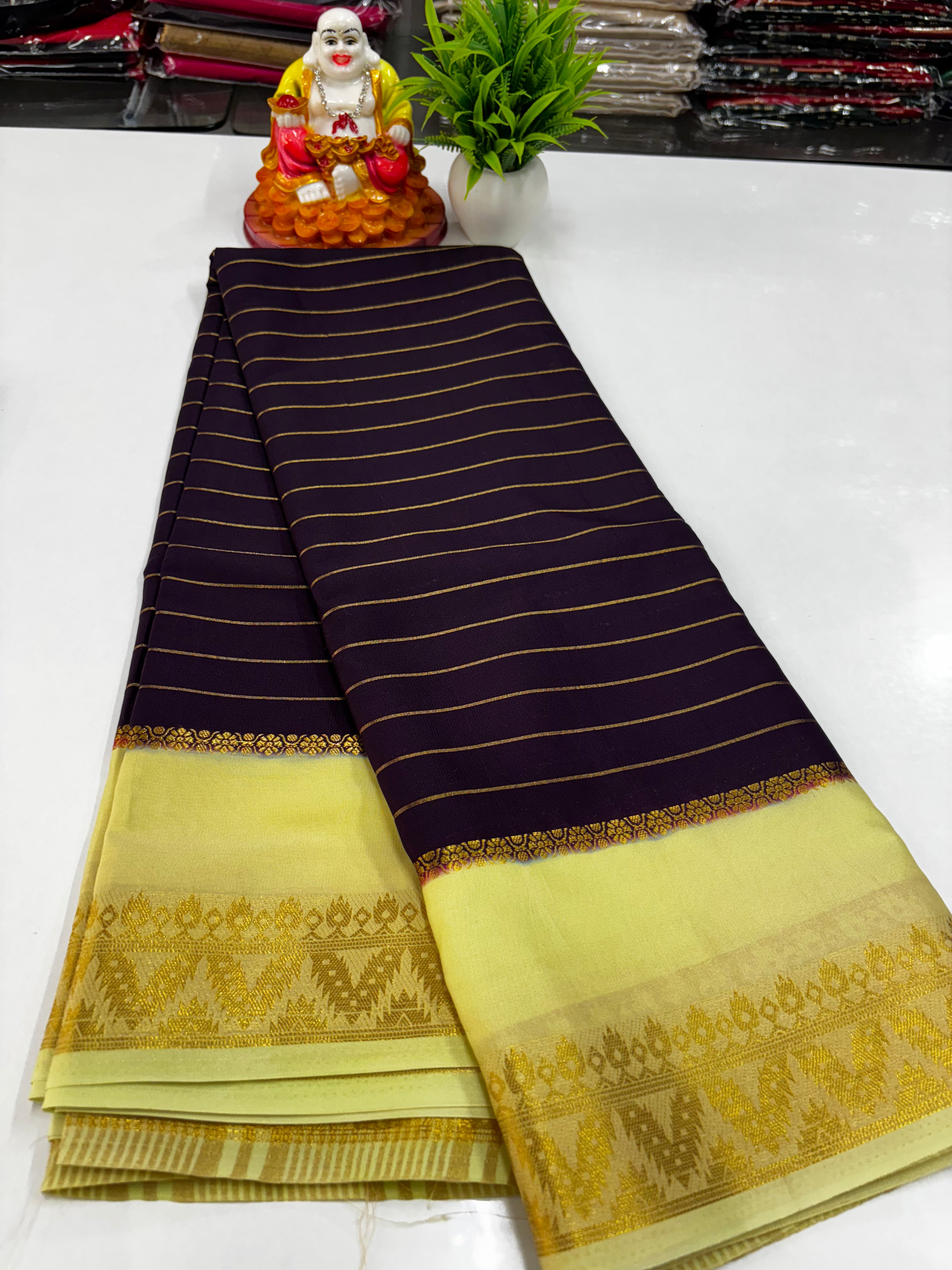 Elegant Semi Mysore Crepe Silk Saree with Contrast Border and Blouse