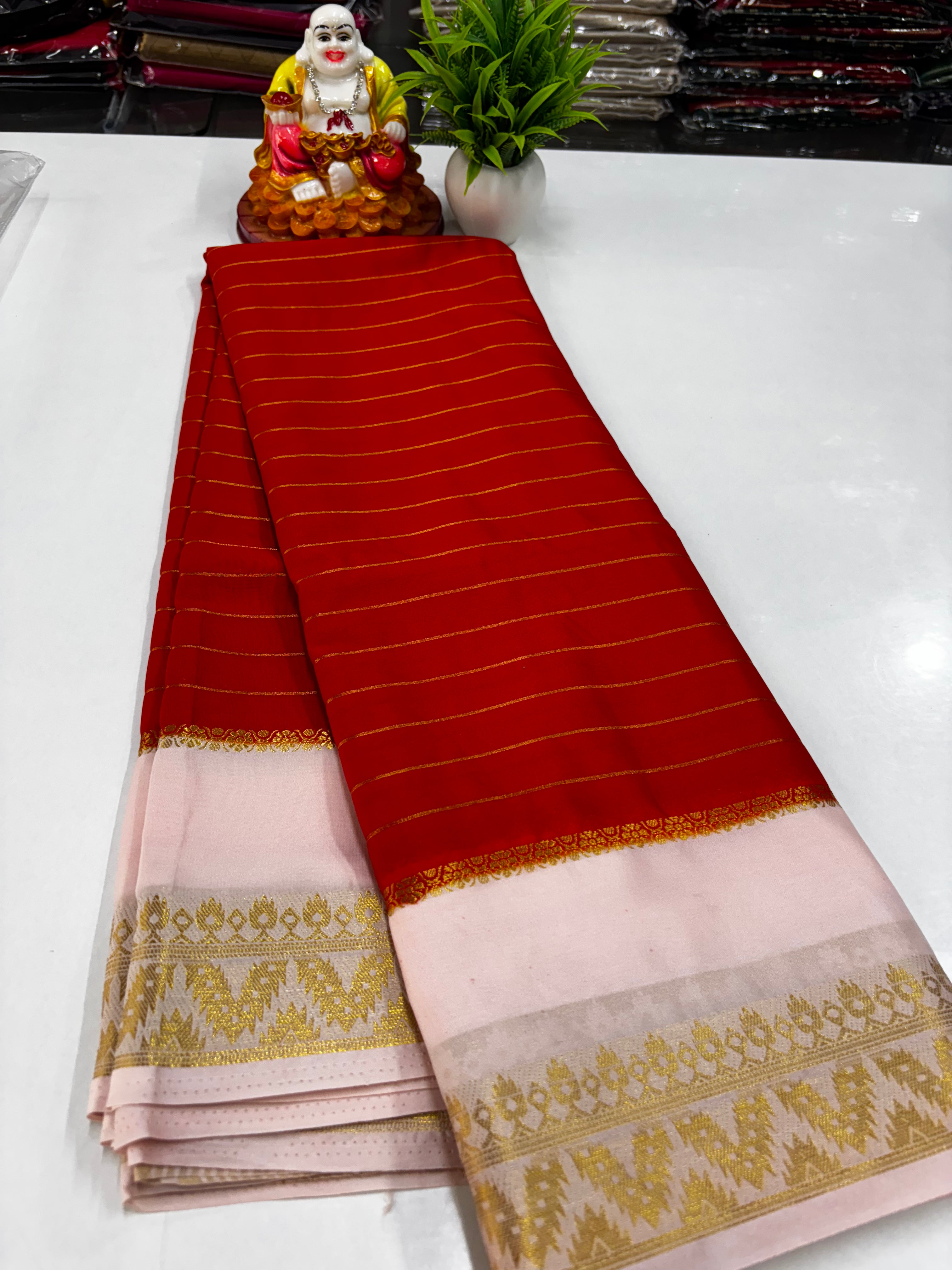 Elegant Semi Mysore Crepe Silk Saree with Contrast Border and Blouse