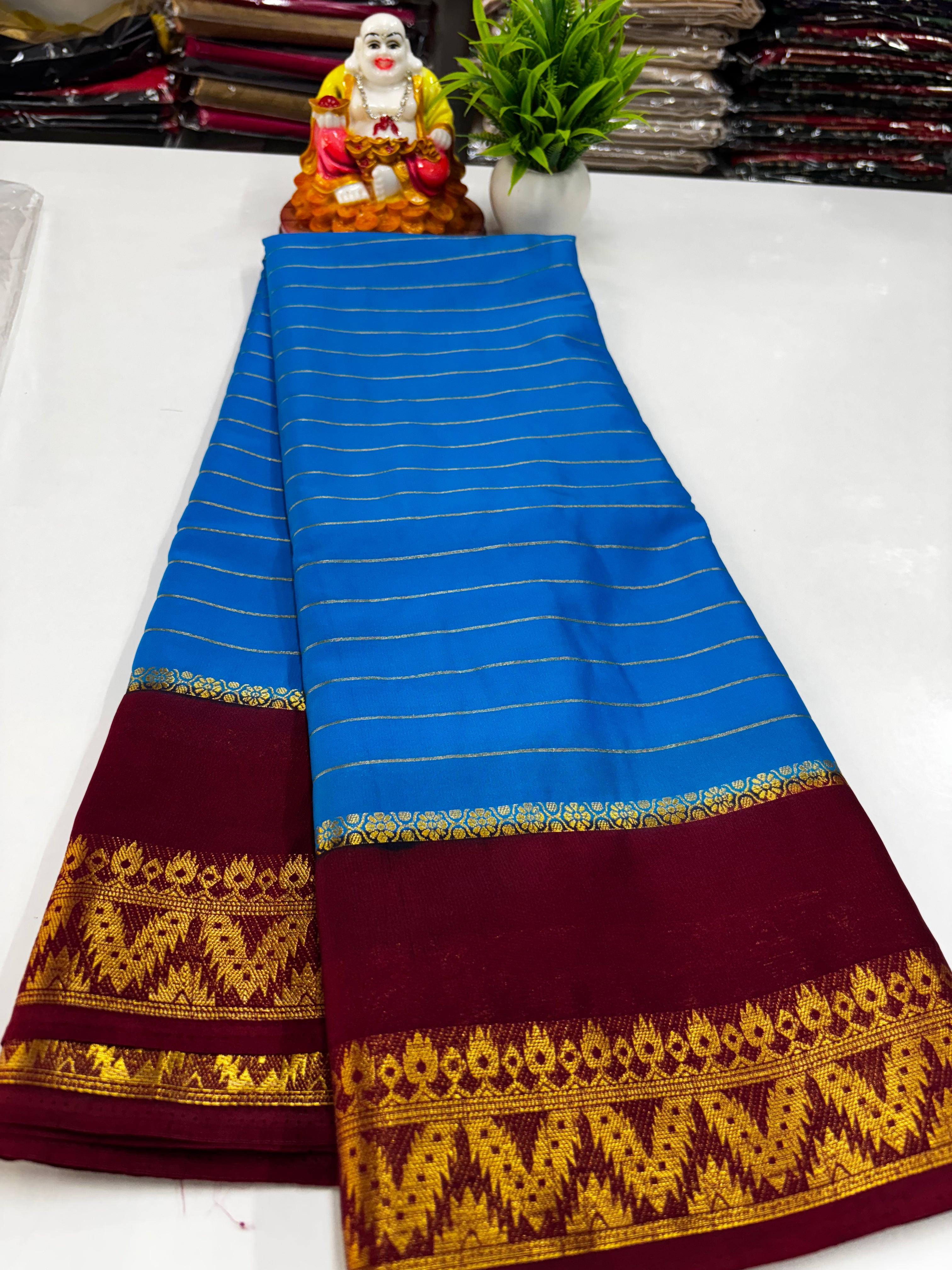 Elegant Semi Mysore Crepe Silk Saree with Contrast Border and Blouse