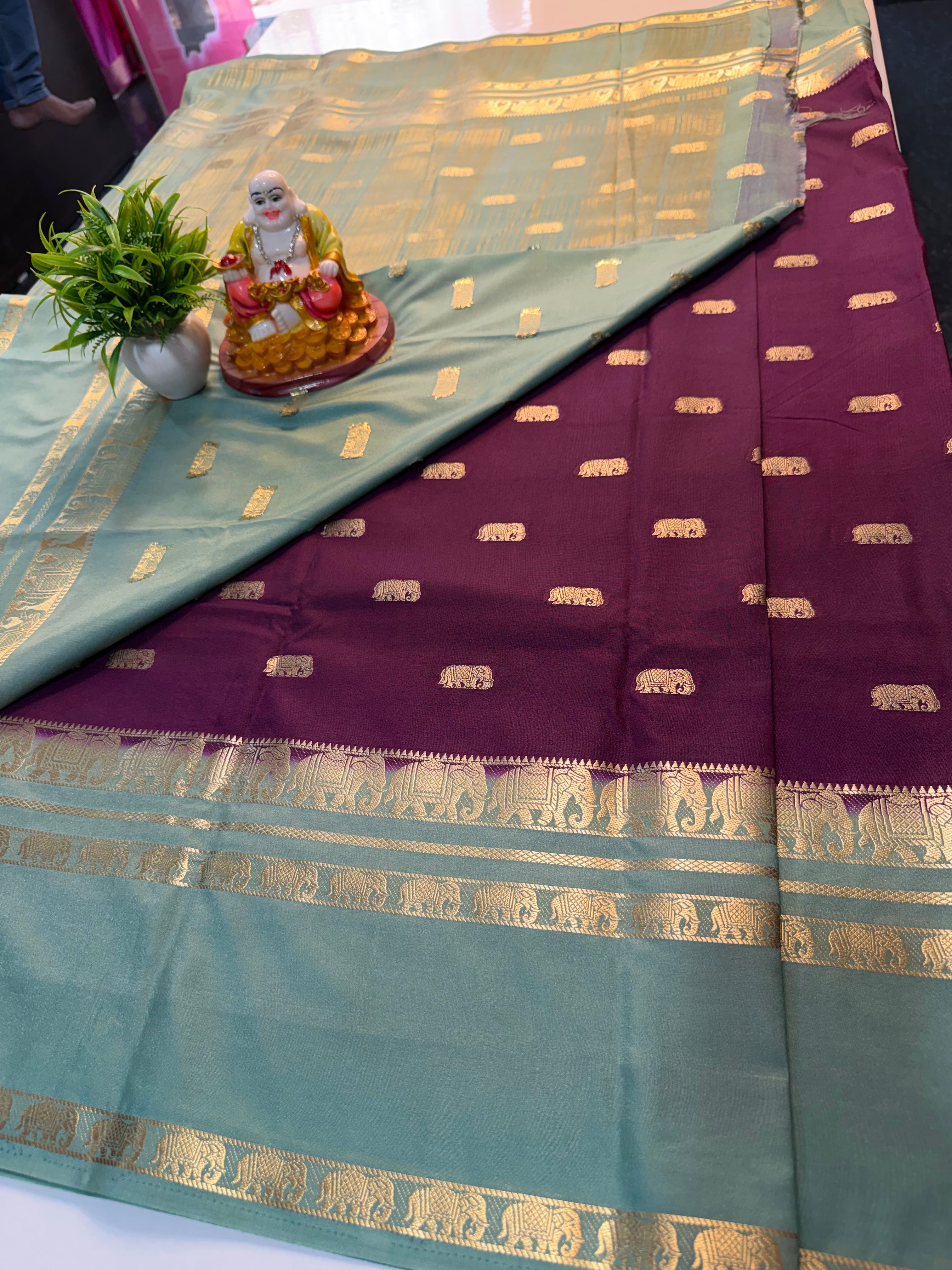 Mysore Crape Silk Saree with Elephant Bentex Border | Padmavathi Silks and Sarees…