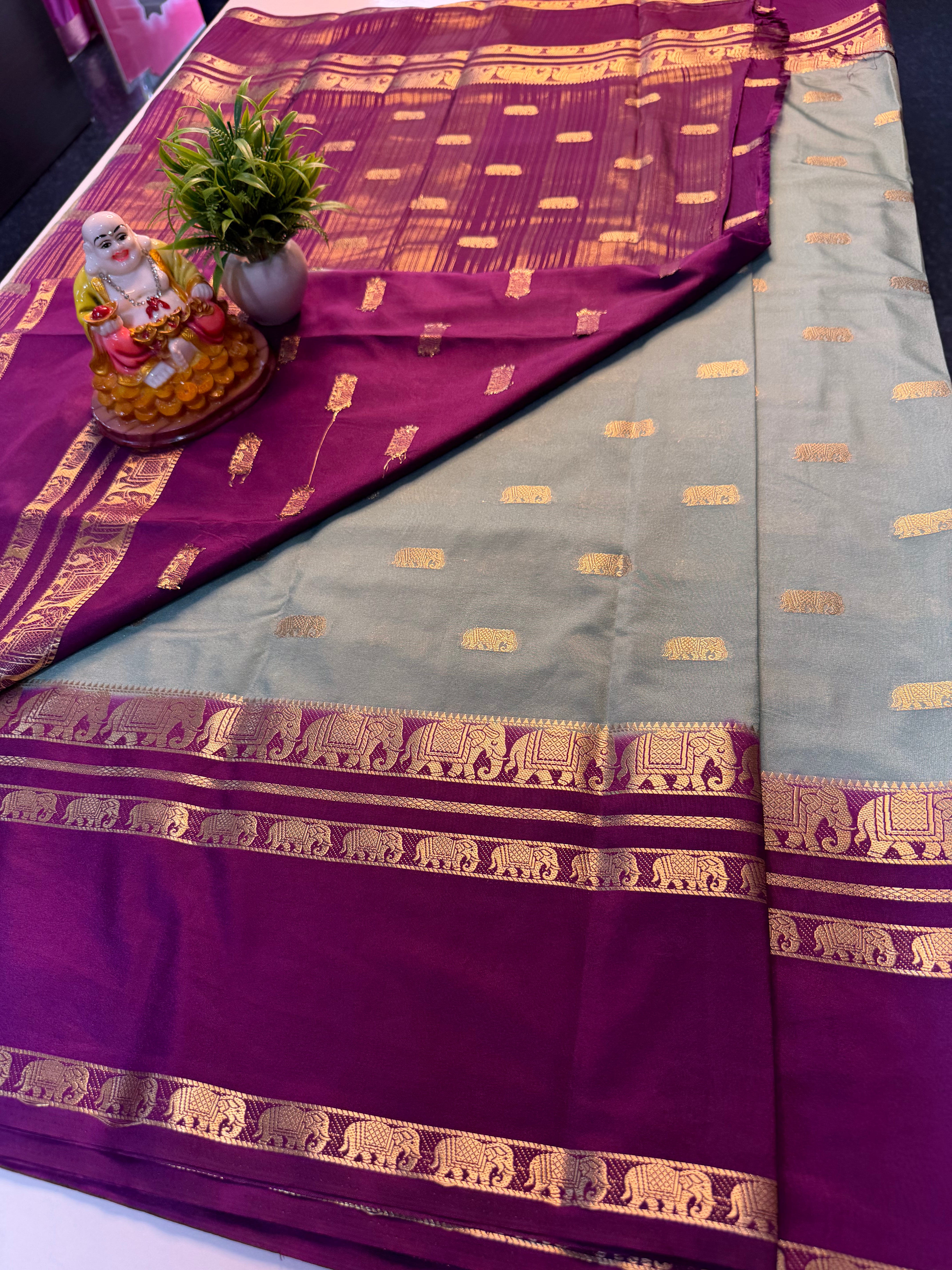 Mysore Crape Silk Saree with Elephant Bentex Border | Padmavathi Silks and Sarees…
