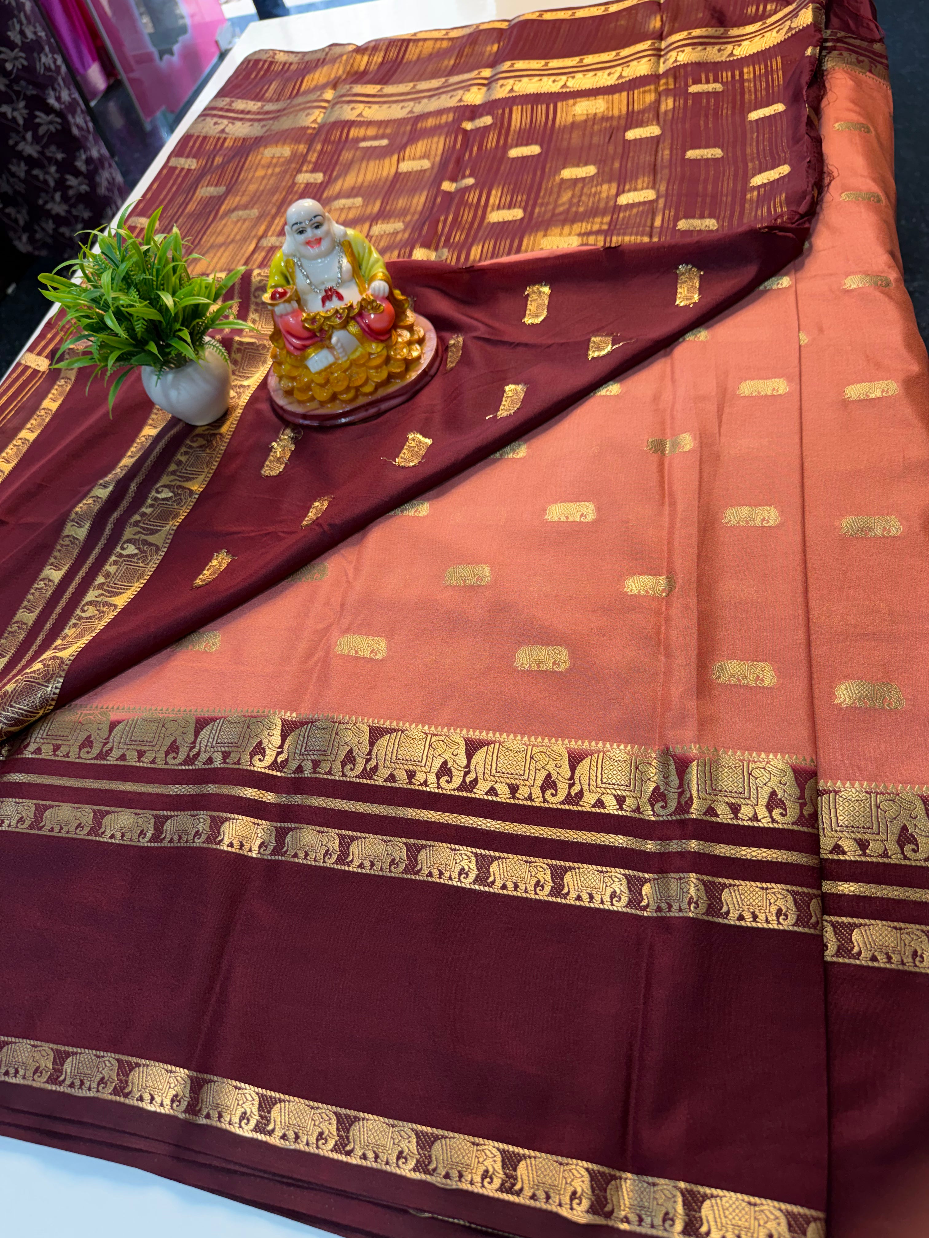Mysore Crape Silk Saree with Elephant Bentex Border | Padmavathi Silks and Sarees…