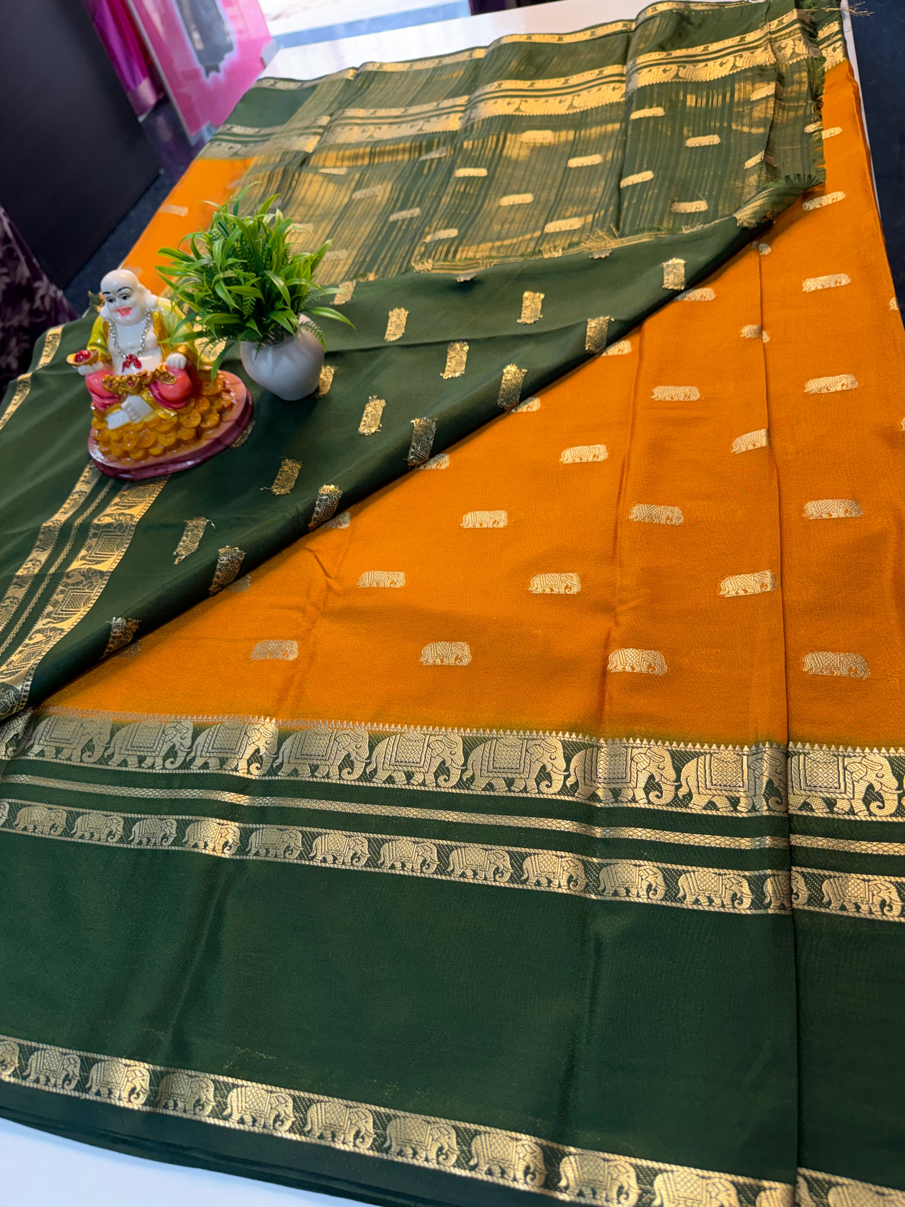Mysore Crape Silk Saree with Elephant Bentex Border | Padmavathi Silks and Sarees…