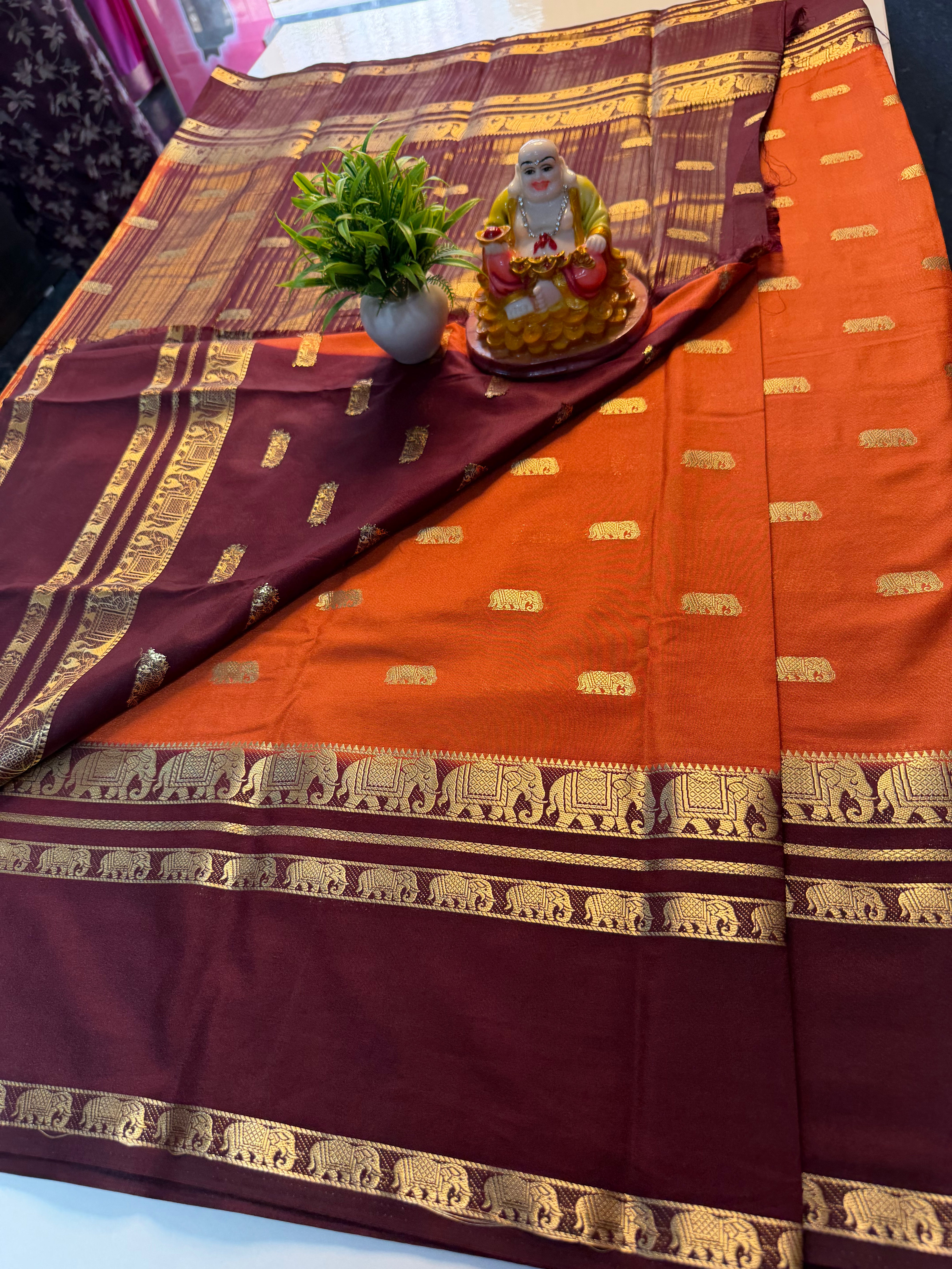 Mysore Crape Silk Saree with Elephant Bentex Border | Padmavathi Silks and Sarees…