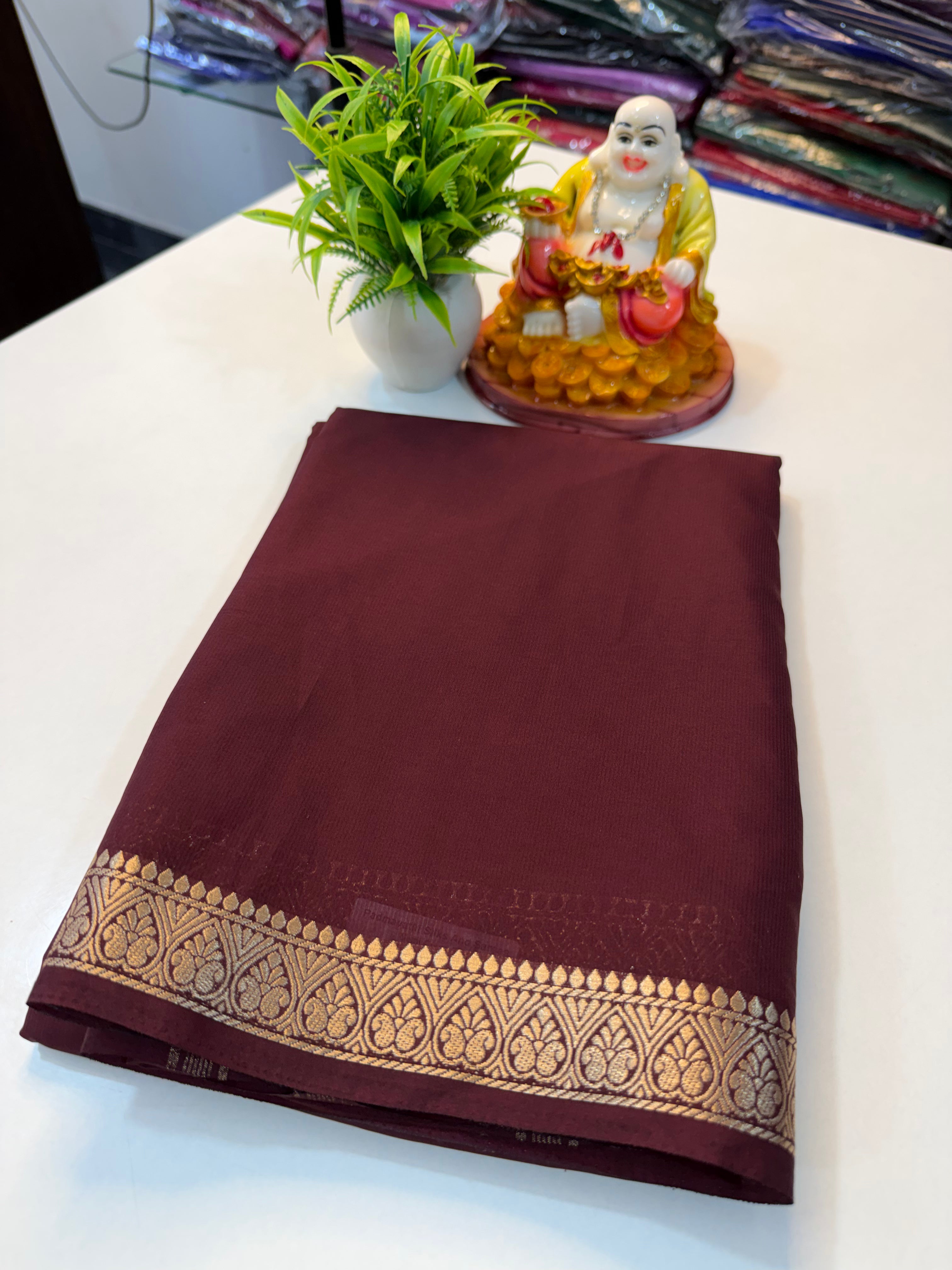Mysore Crepe Silk Saree with Small Border & Chit Pallu.
