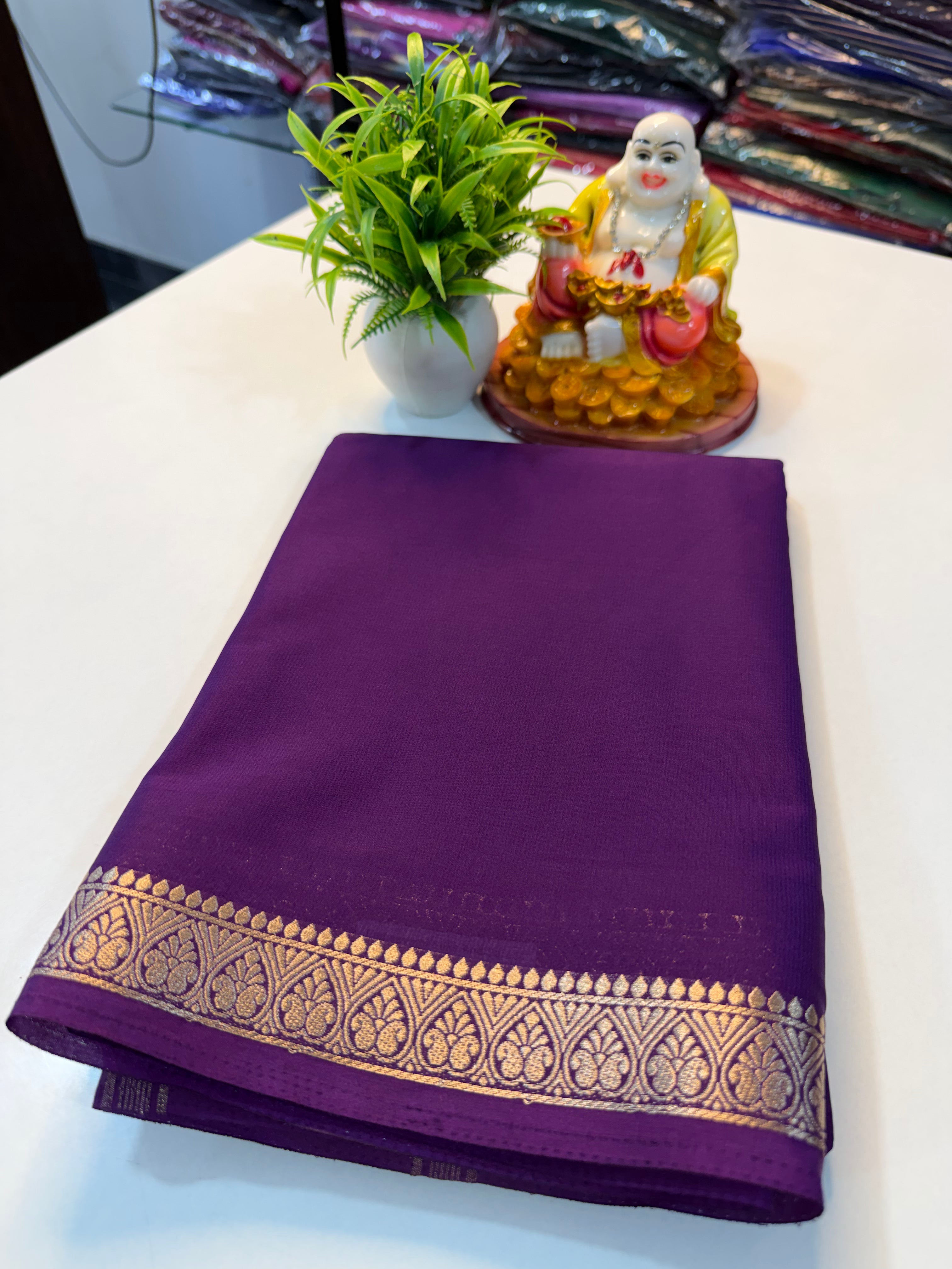 Mysore Crepe Silk Saree with Small Border & Chit Pallu.