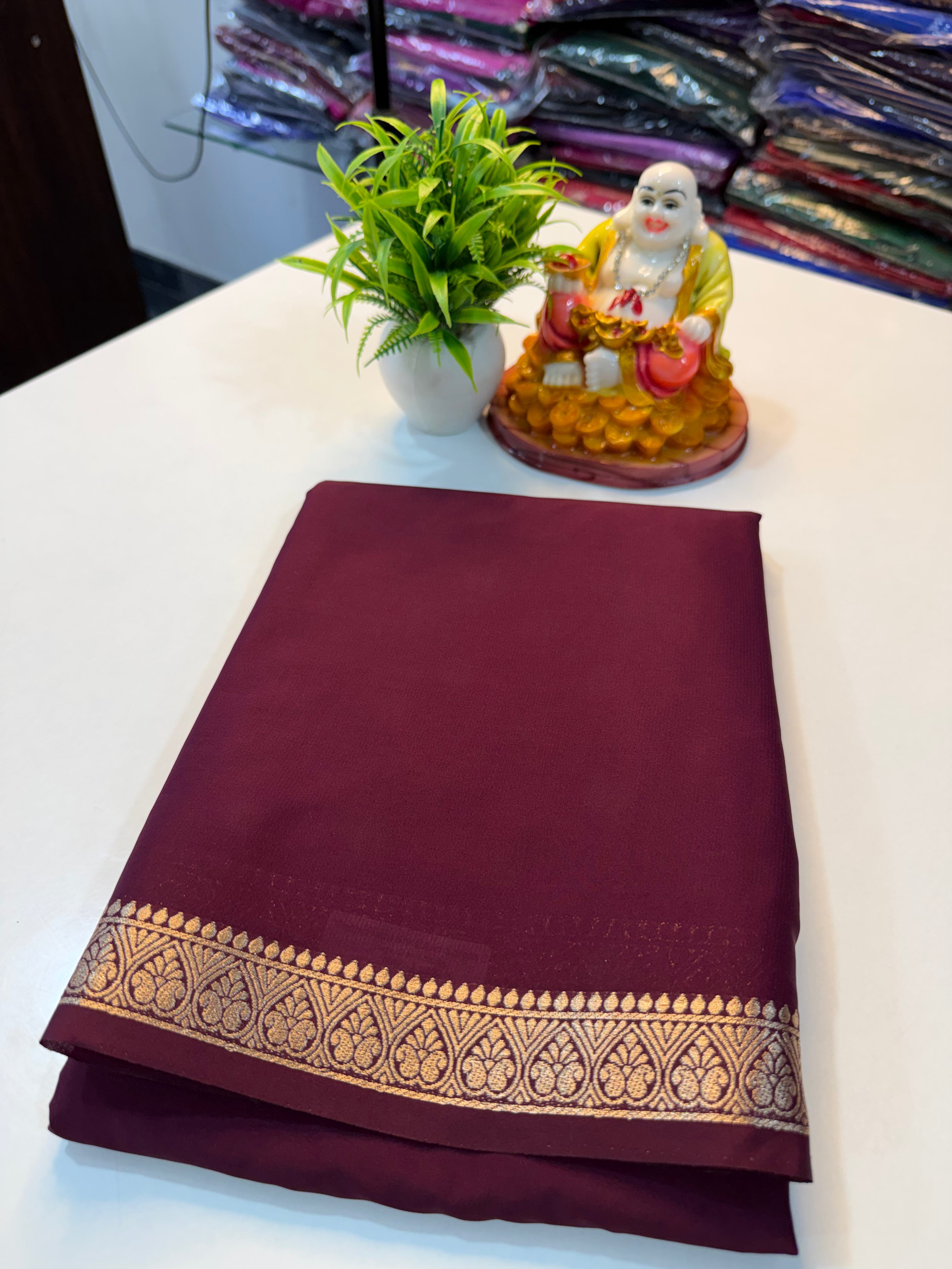 Mysore Crepe Silk Saree with Small Border & Chit Pallu.