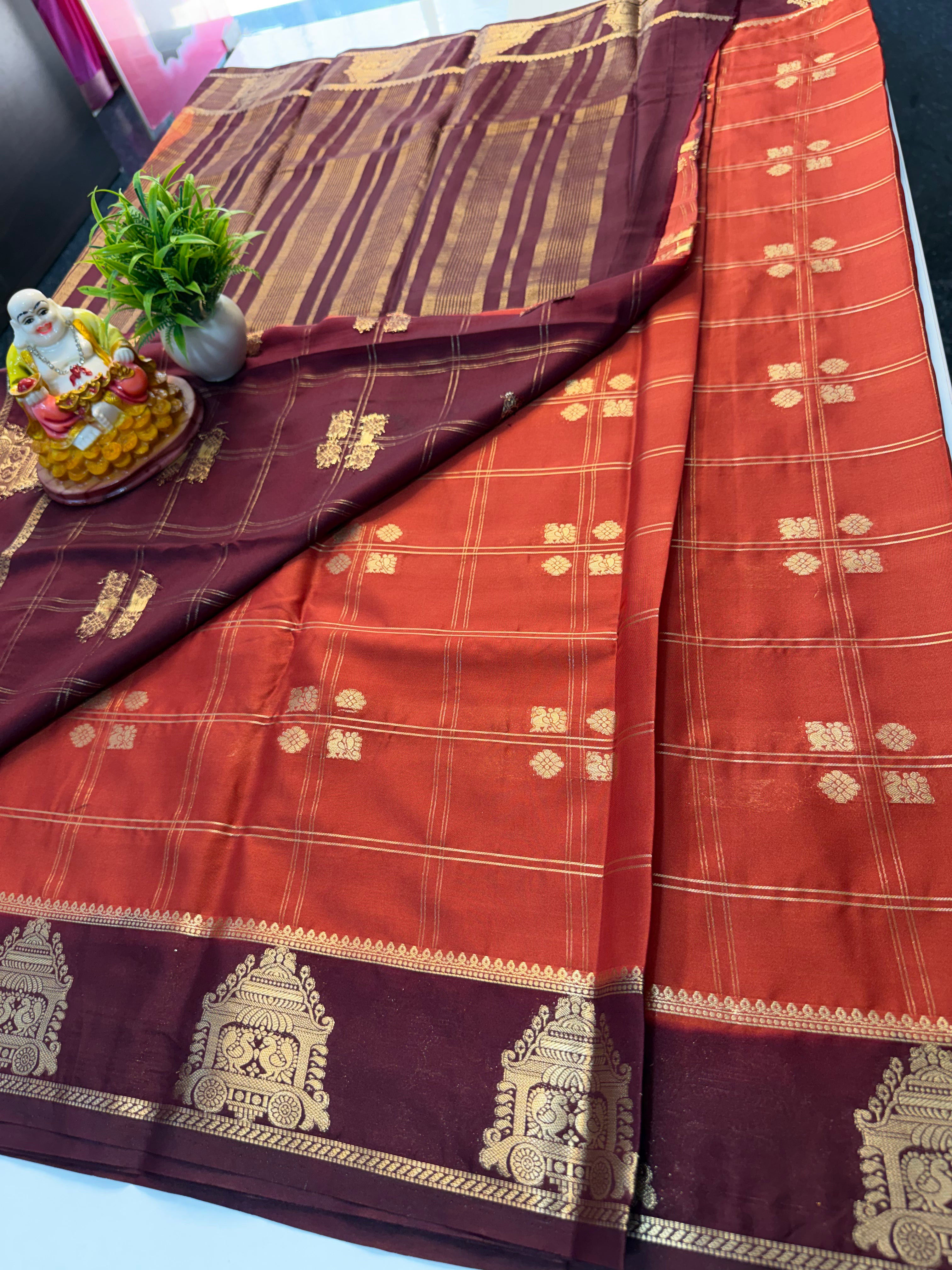 Premium Mysore Crape Silk Saree with Checks & Ratha Design | Padmavathi Silks and Sarees…