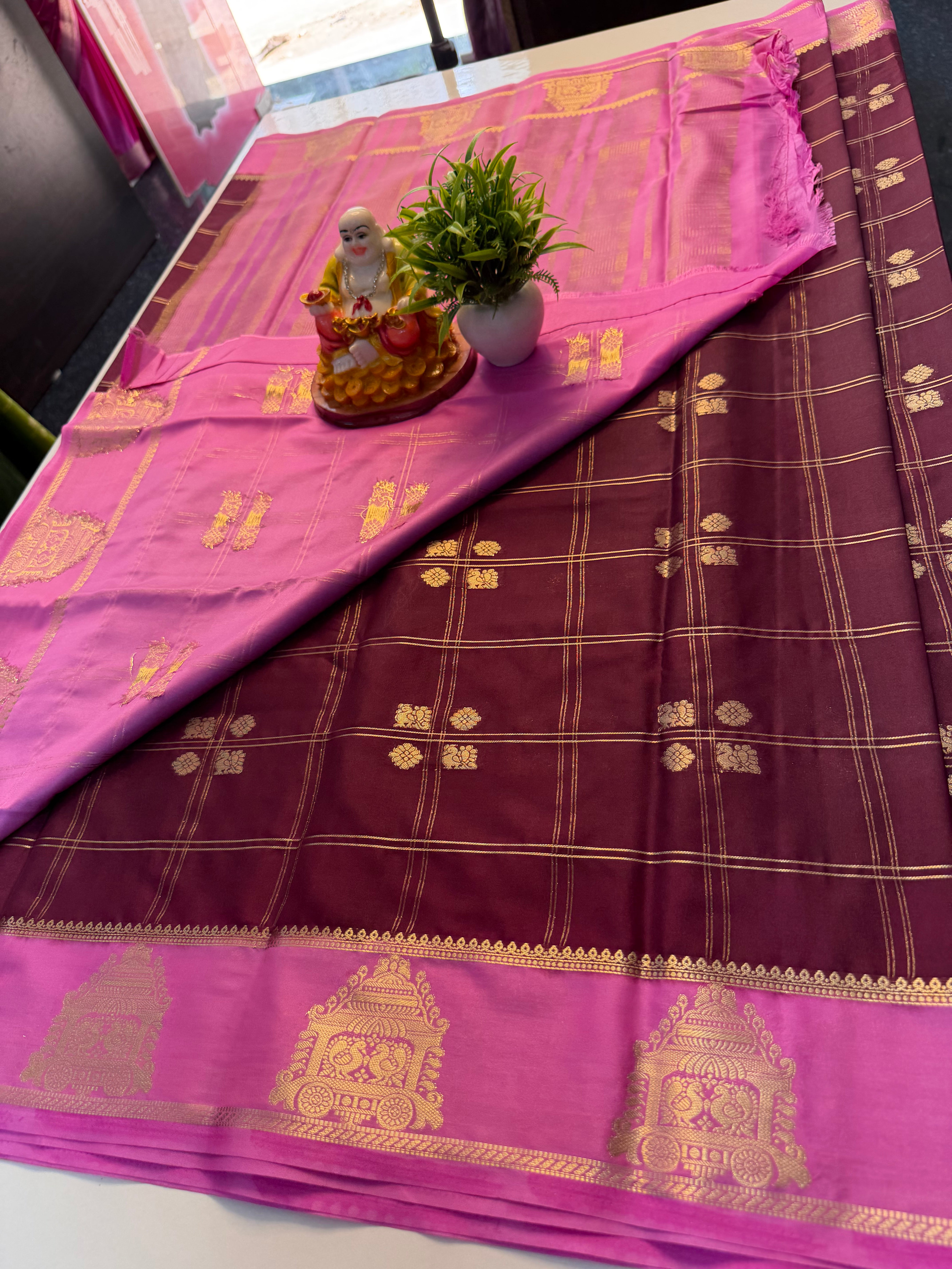 Premium Mysore Crape Silk Saree with Checks & Ratha Design | Padmavathi Silks and Sarees…