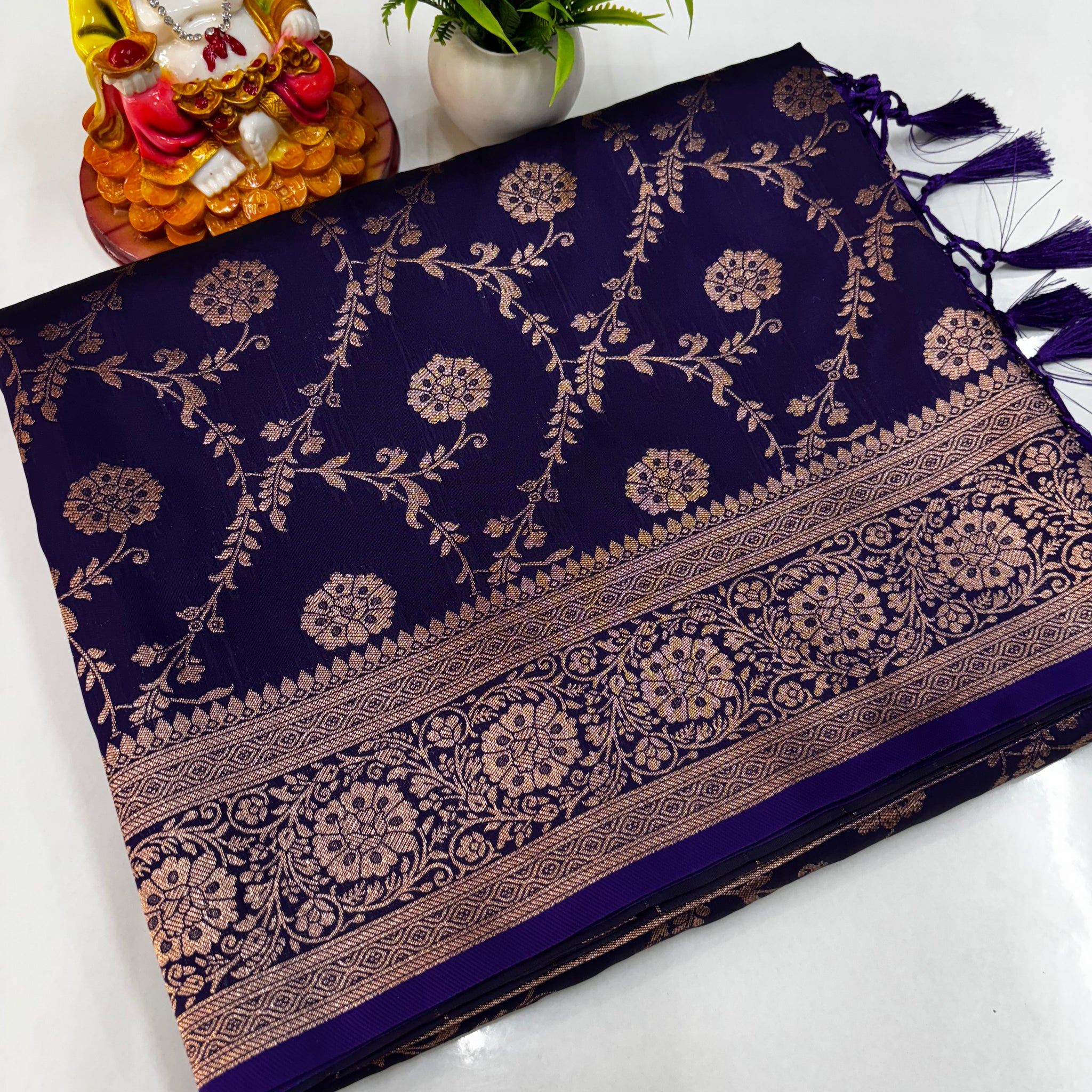 Elegant Satin Saree with Meenakari Design and Butta Blouse