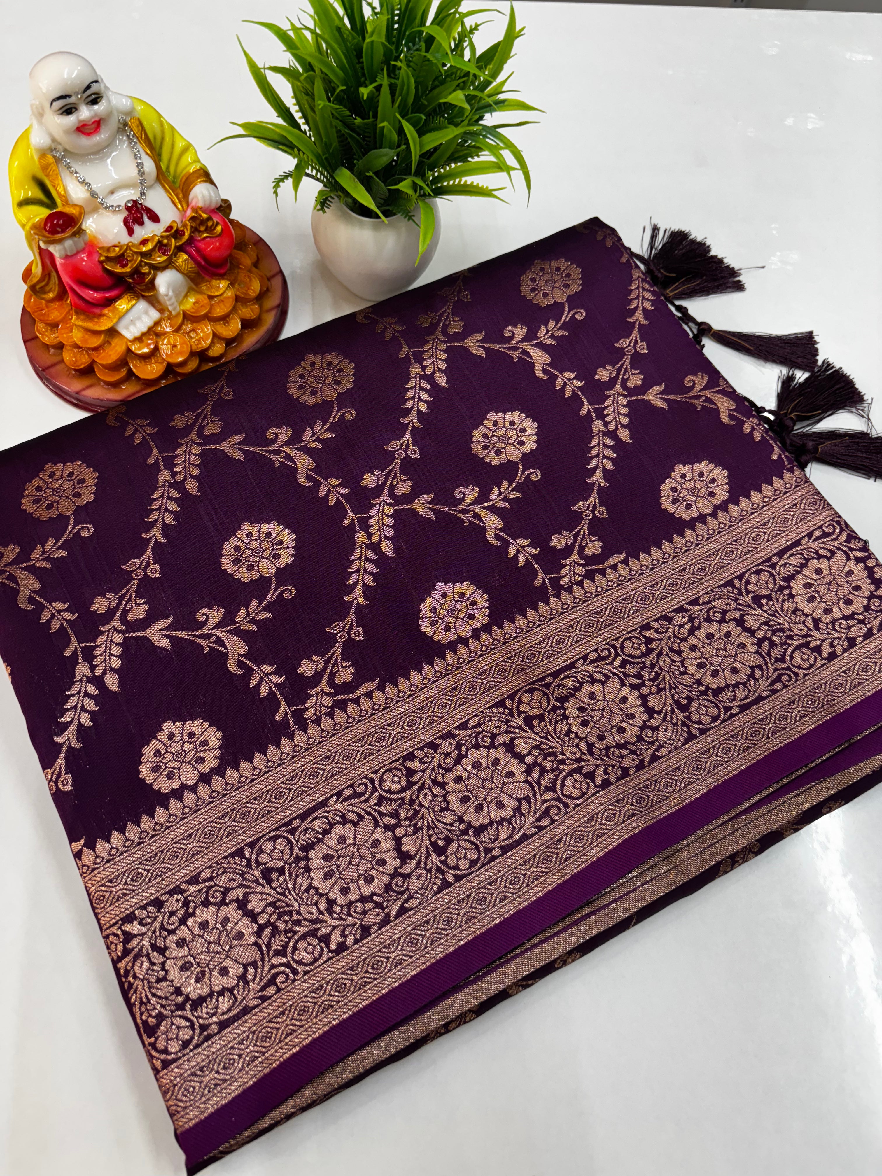 Elegant Satin Saree with Meenakari Design and Butta Blouse