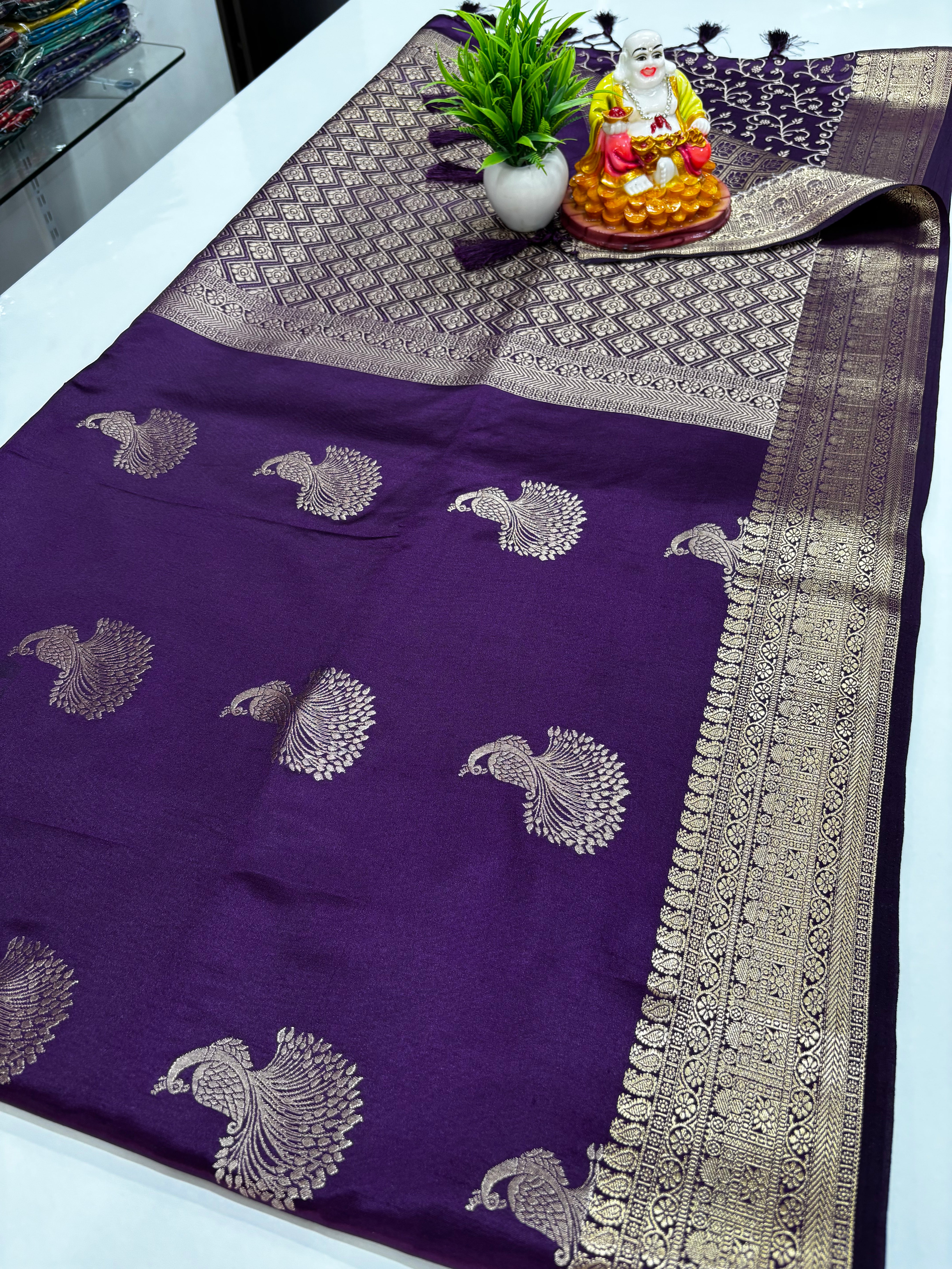 primium satin saree with beautiful peacock design with brocade blouse and rich pallu