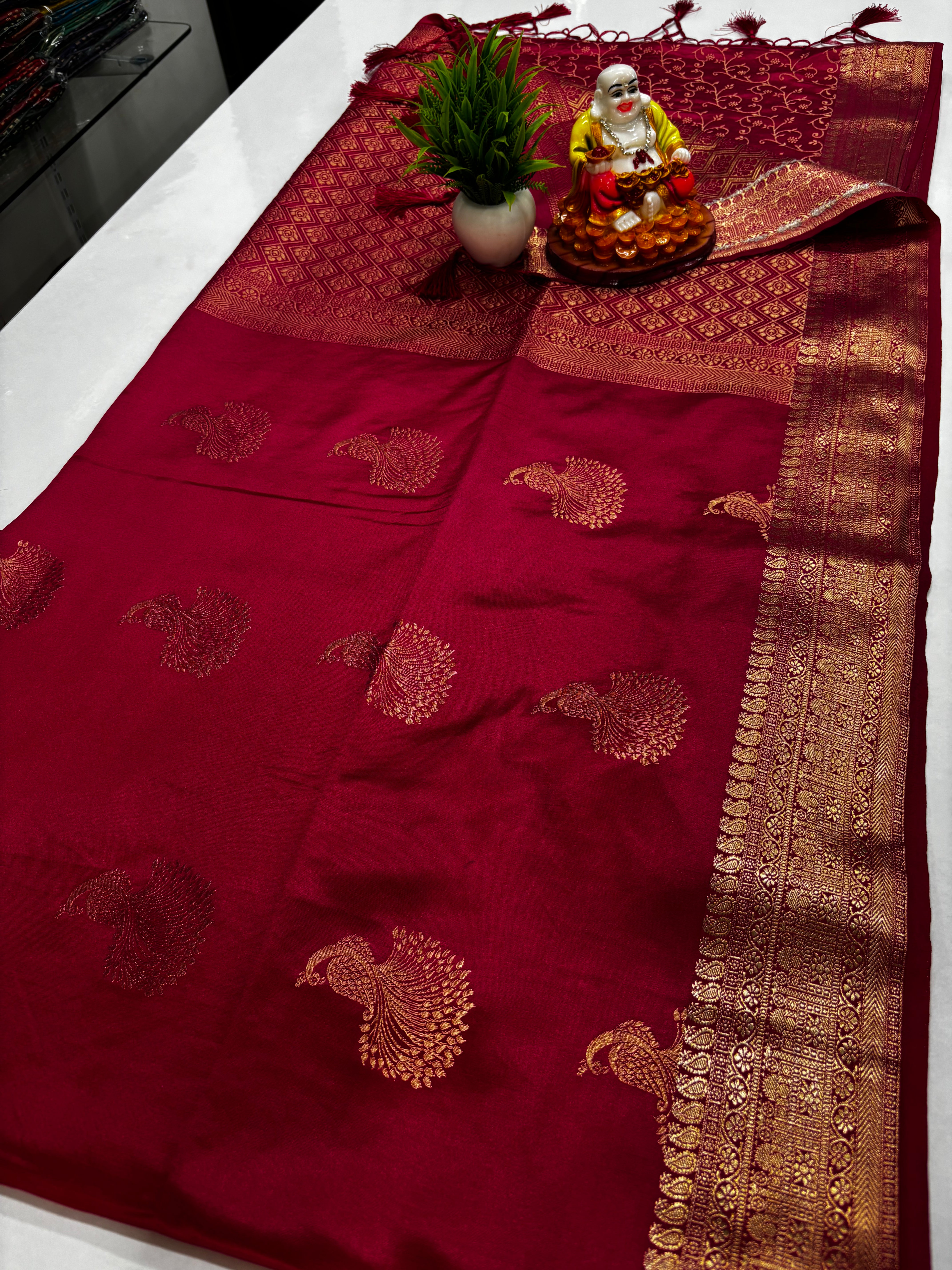 Premium Satin Saree with Rich Pallu & Butta Blouse-elagant and shining