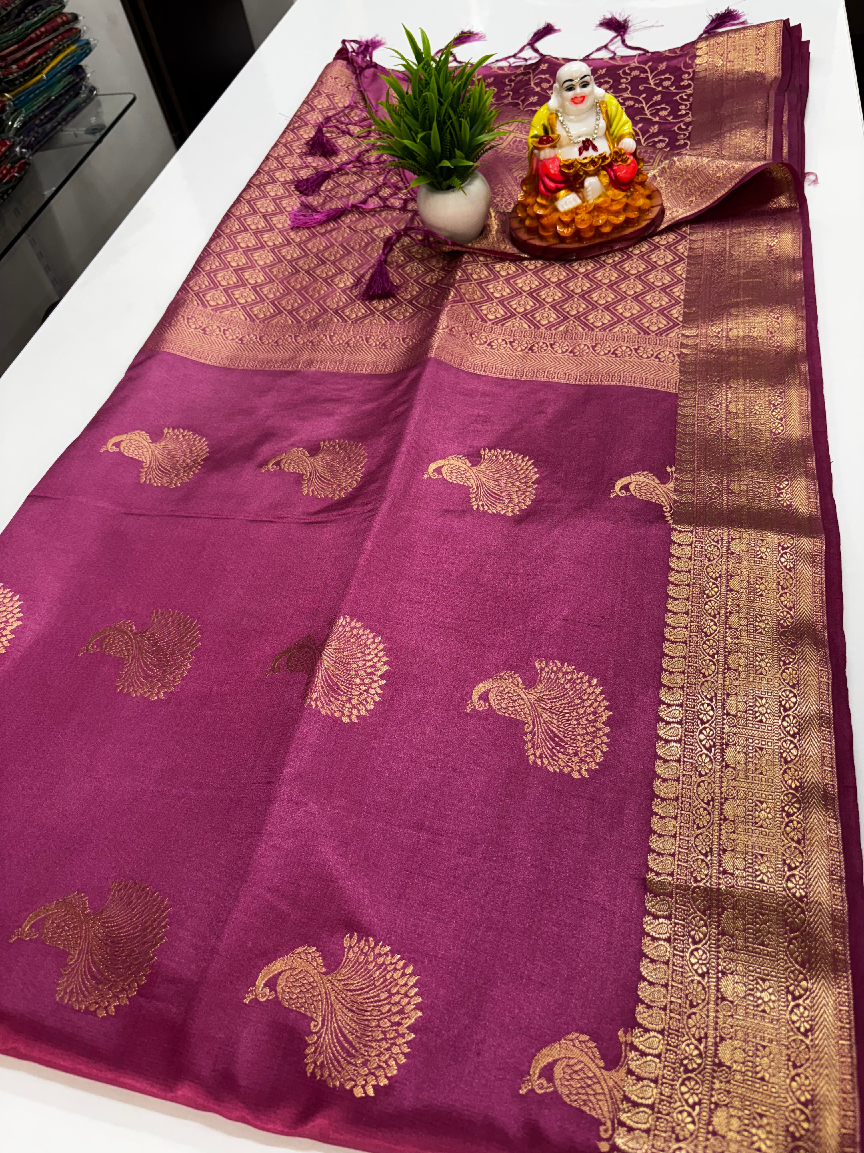 primium satin saree with beautiful peacock design with brocade blouse and rich pallu