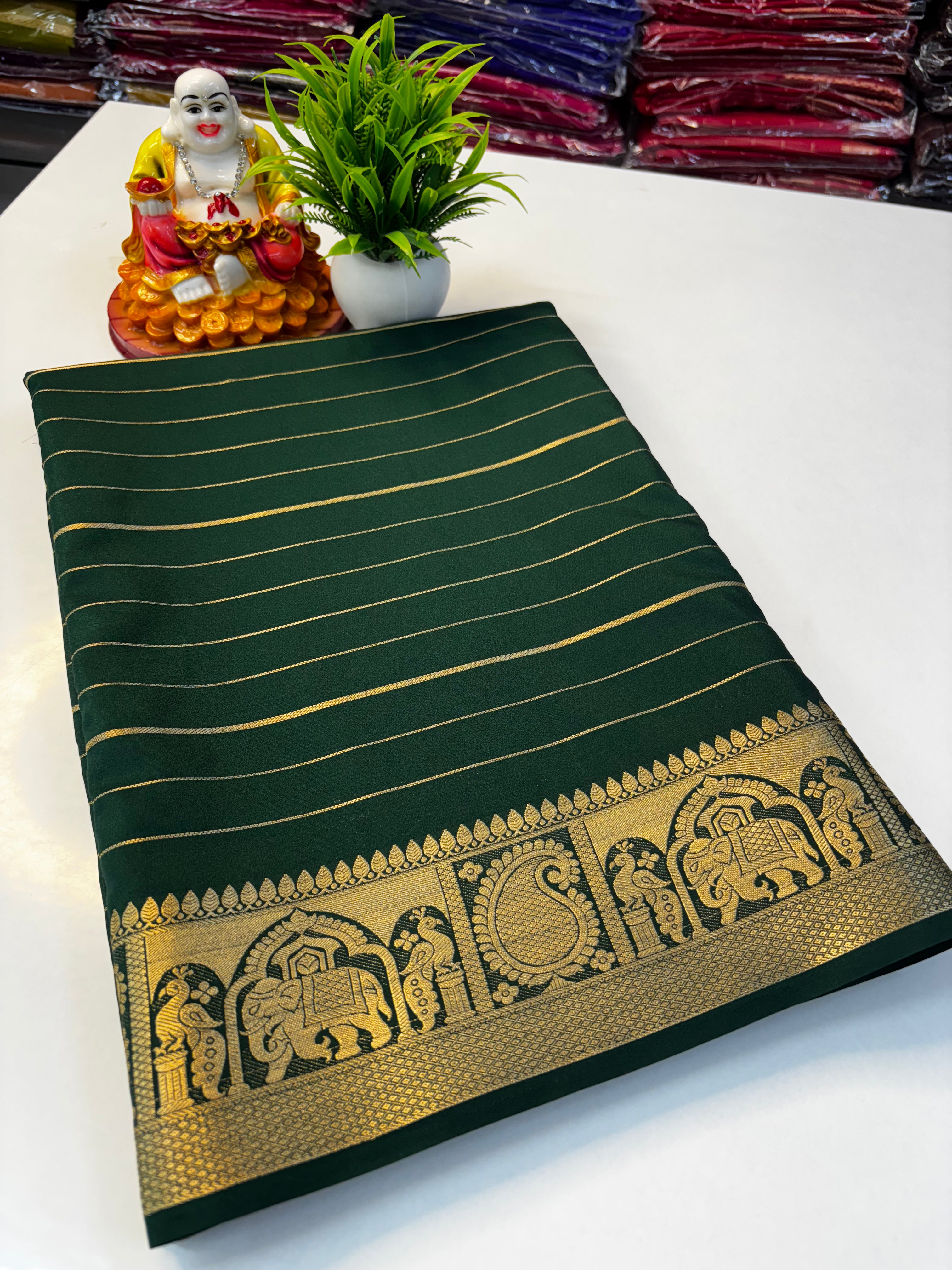 Mysore Crepe Silk Saree with Elephant & Peacock Border