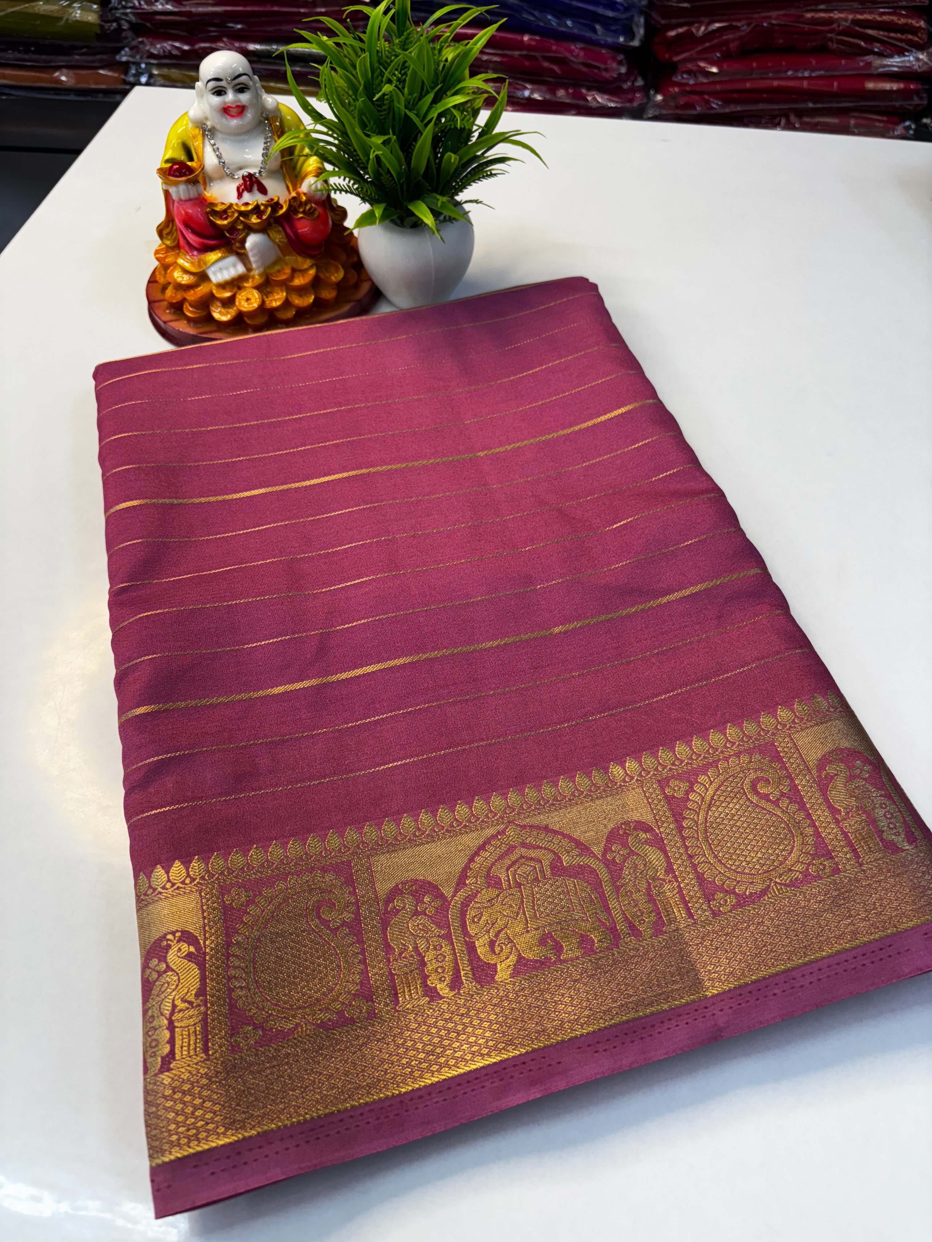 Mysore Crepe Silk Saree with Elephant & Peacock Border
