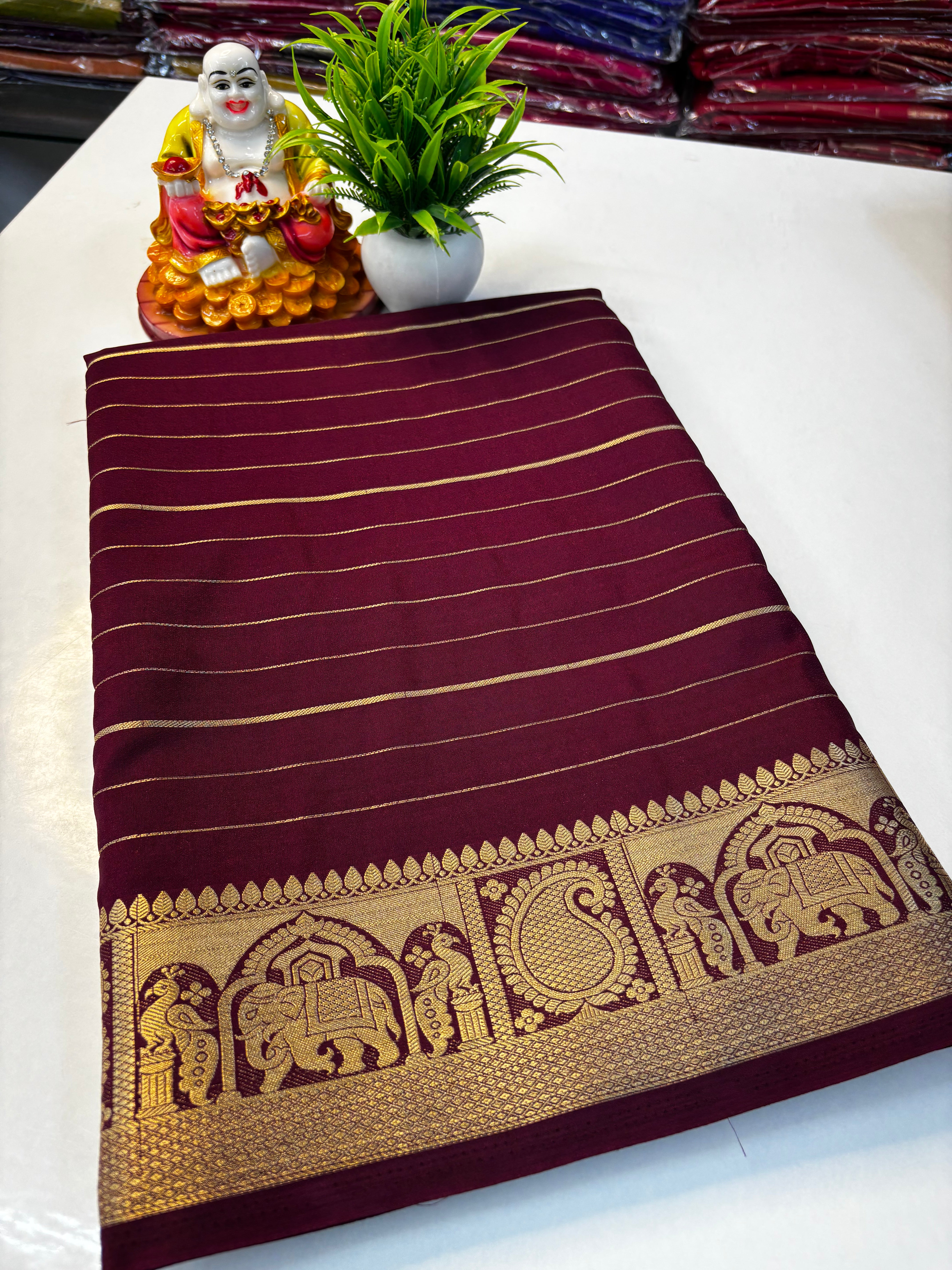 Mysore Crepe Silk Saree with Elephant & Peacock Border
