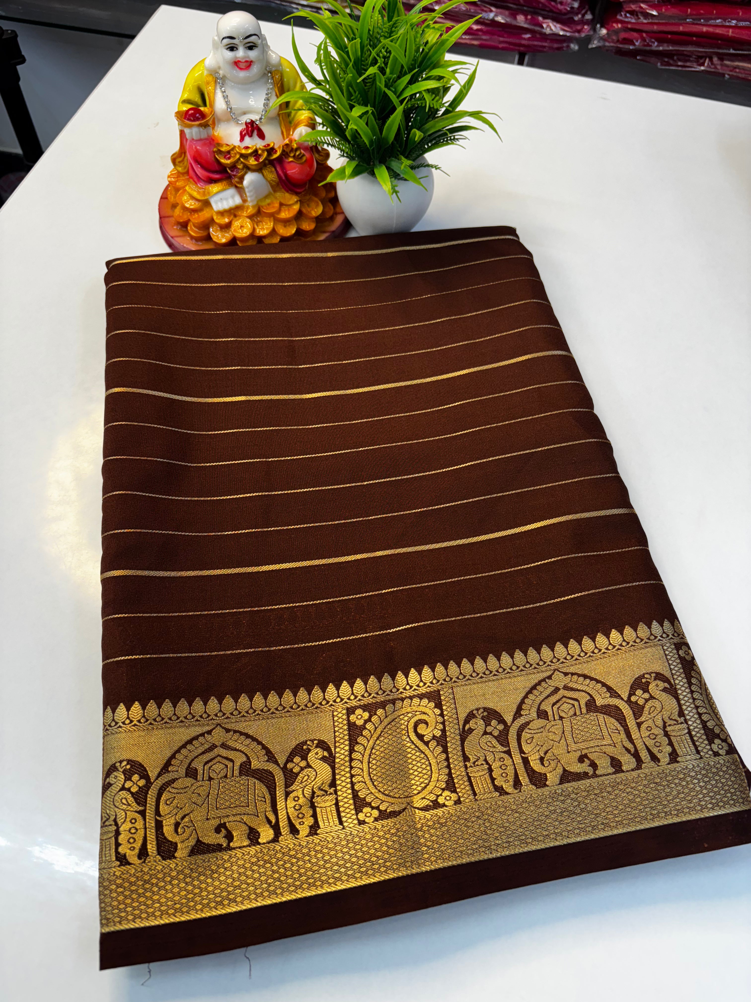 Mysore Crepe Silk Saree with Elephant & Peacock Border