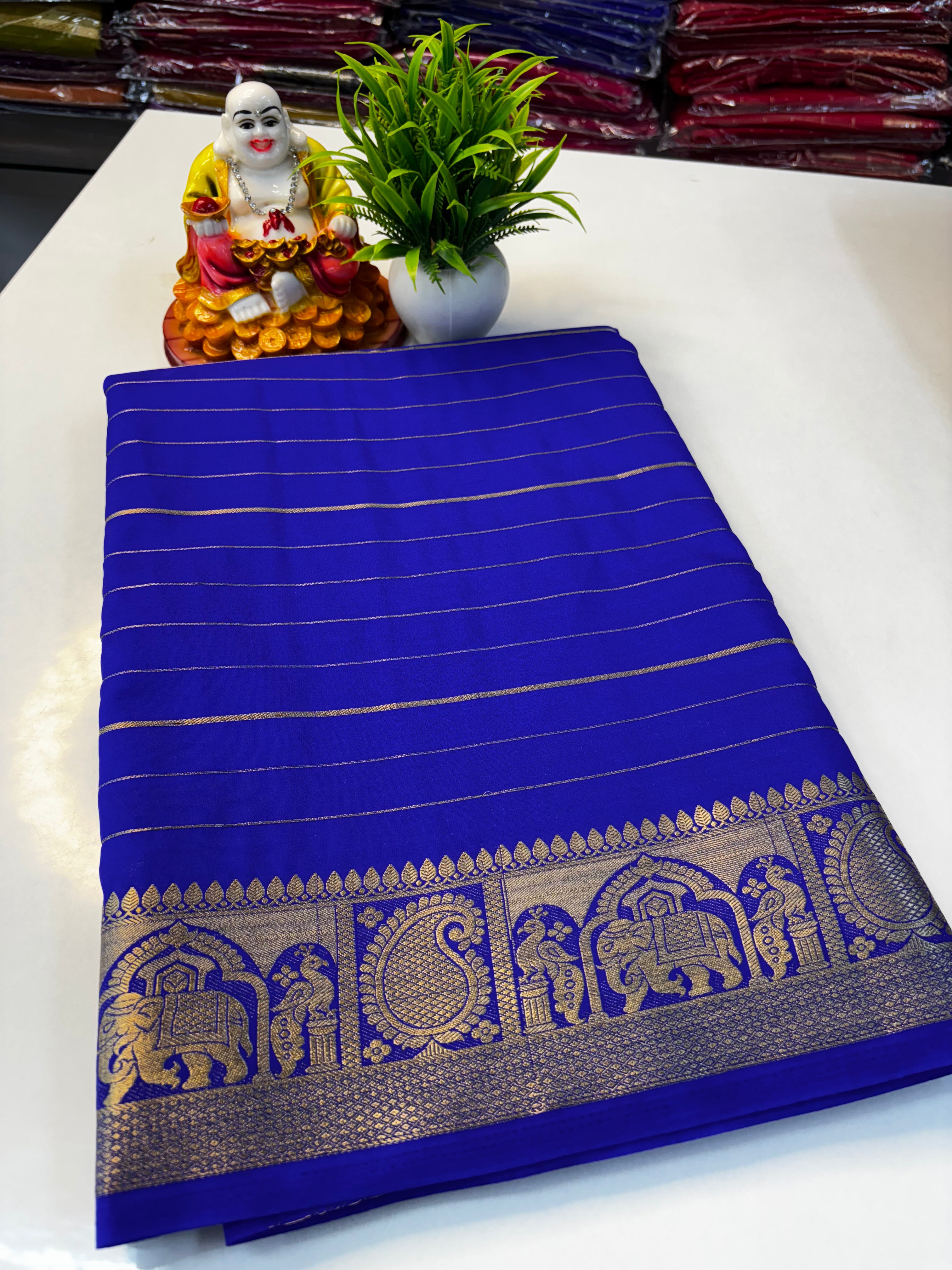 Mysore Crepe Silk Saree with Elephant & Peacock Border