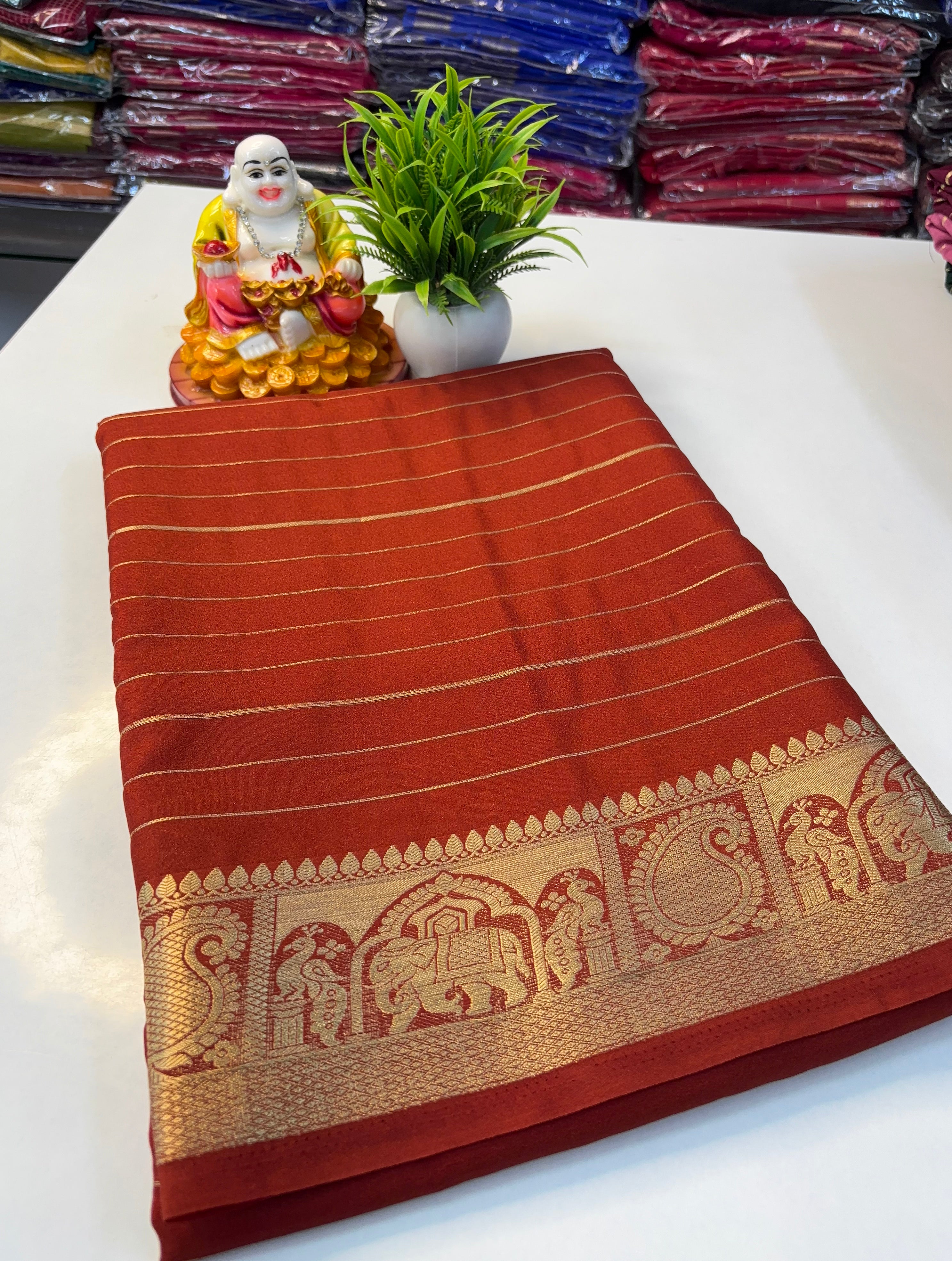 Mysore Crepe Silk Saree with Elephant & Peacock Border