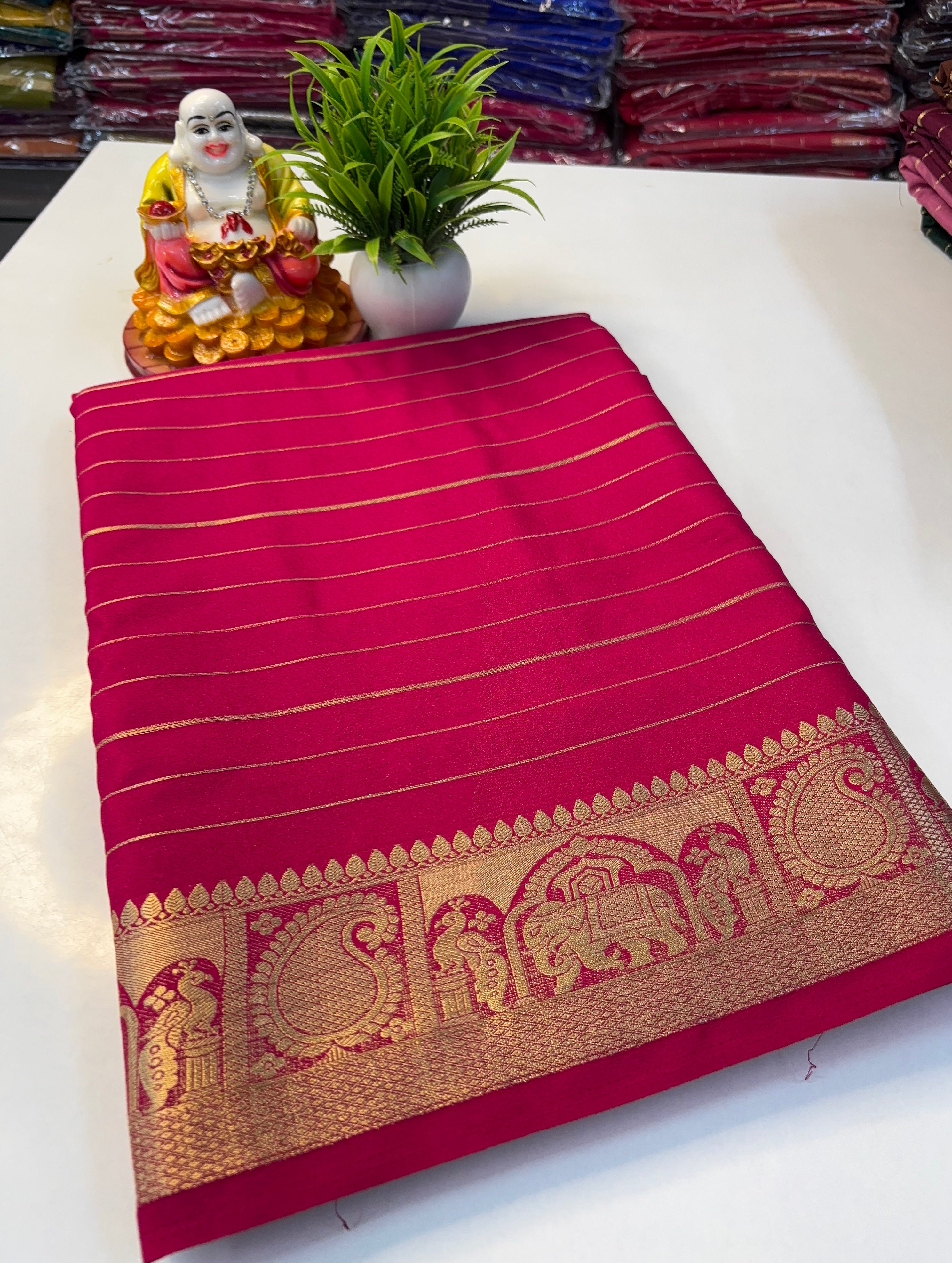 Mysore Crepe Silk Saree with Elephant & Peacock Border
