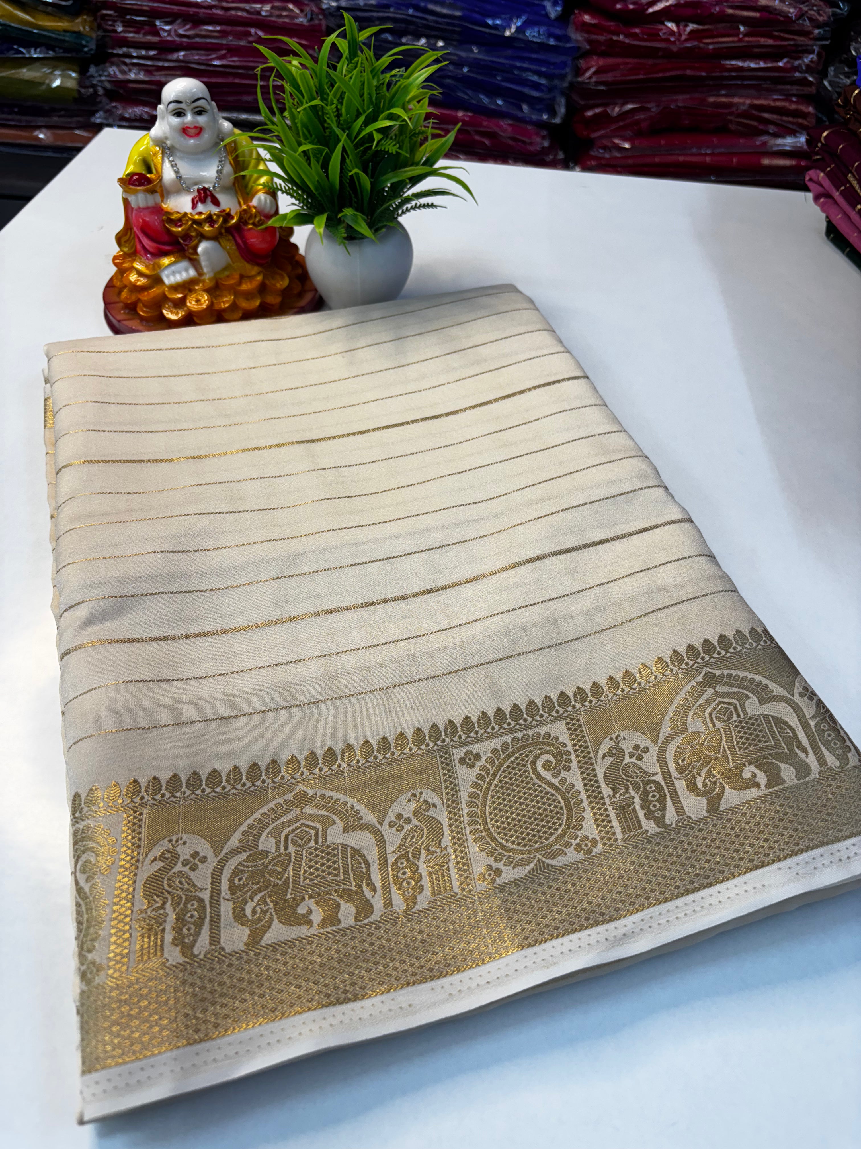 Mysore Crepe Silk Saree with Elephant & Peacock Border
