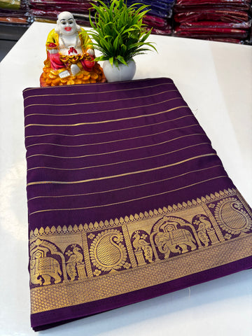Mysore Crepe Silk Saree with Elephant & Peacock Border