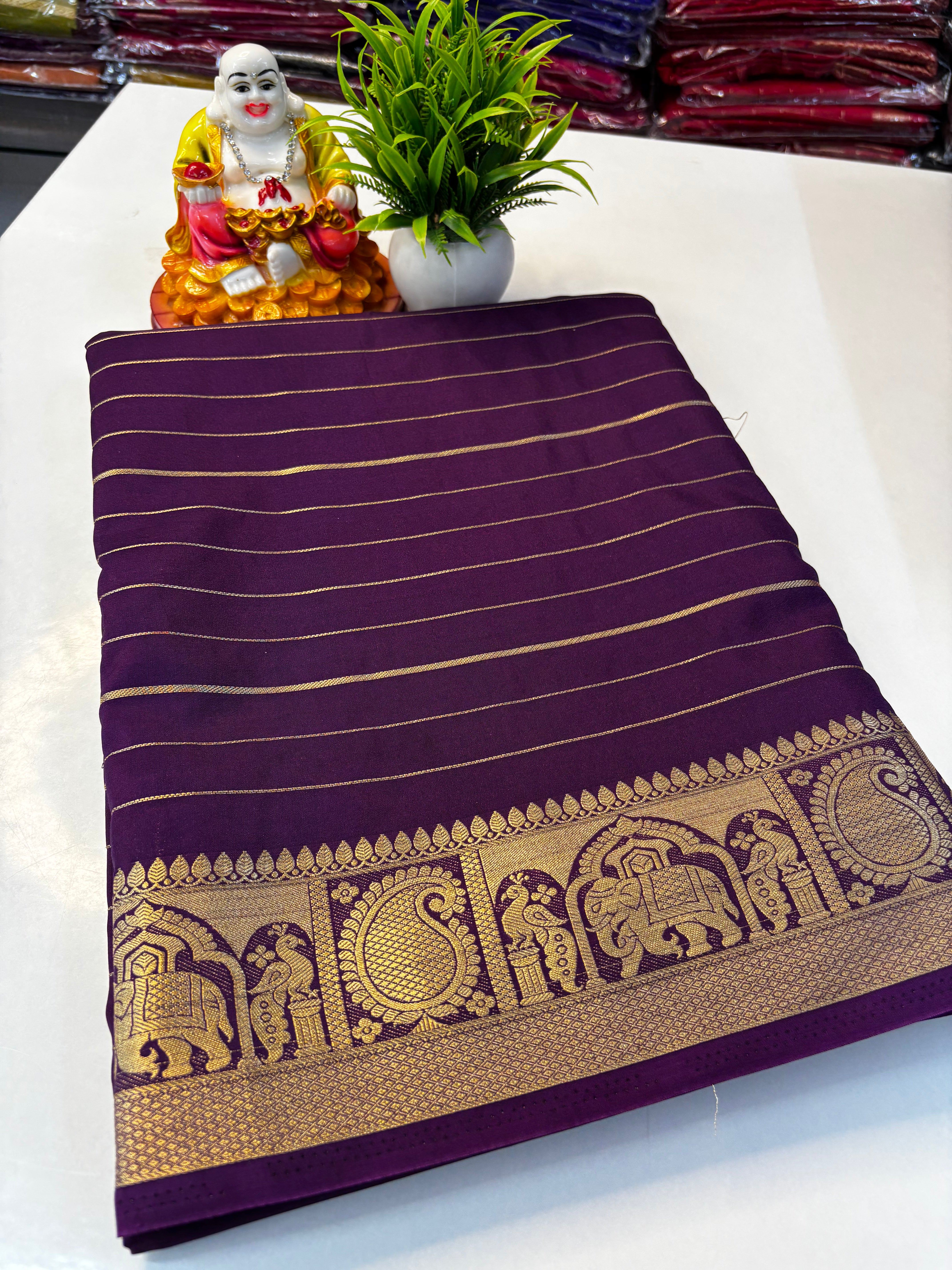 Mysore Crepe Silk Saree with Elephant & Peacock Border