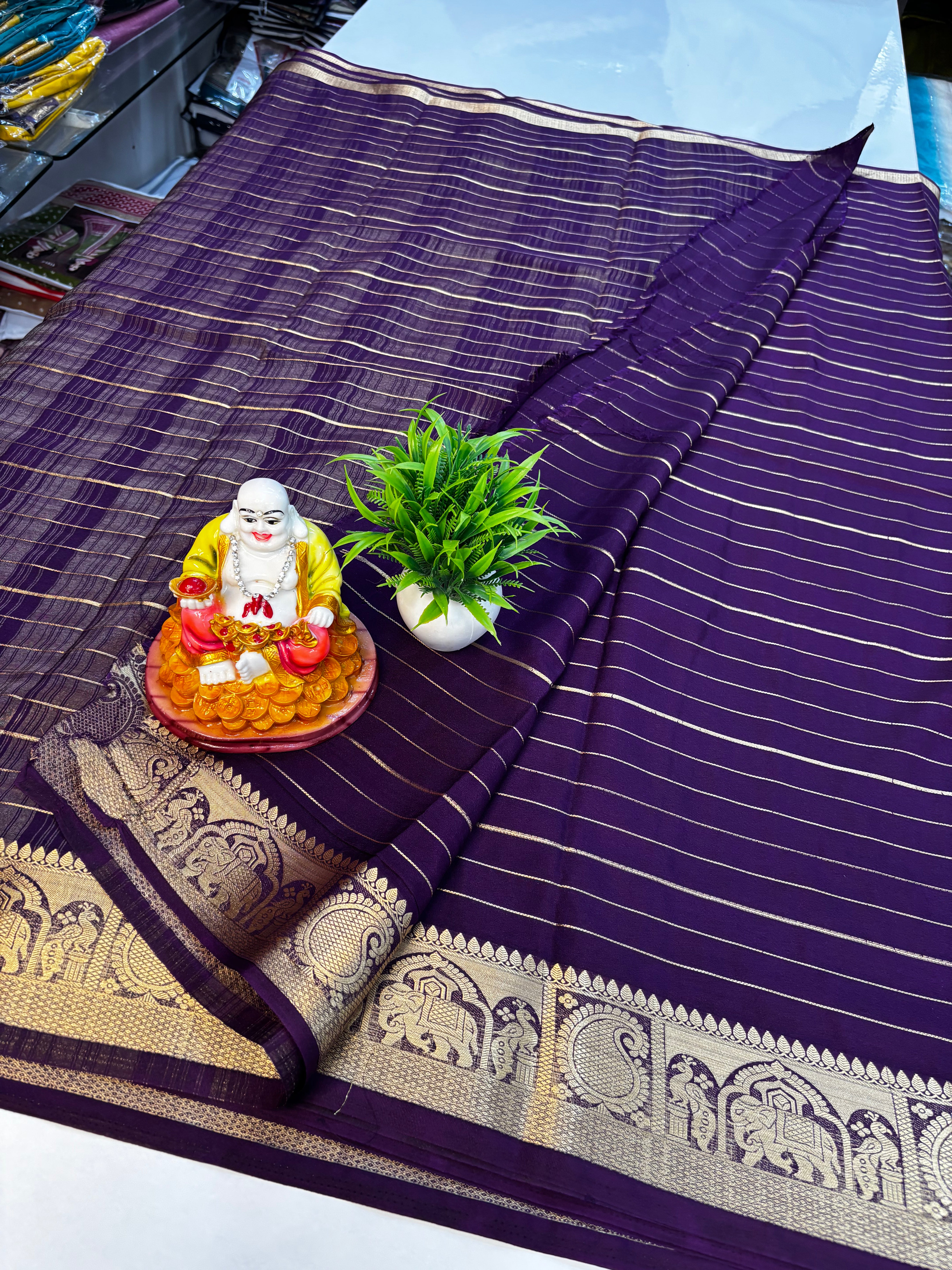 Mysore Crepe Silk Saree with Elephant & Peacock Border