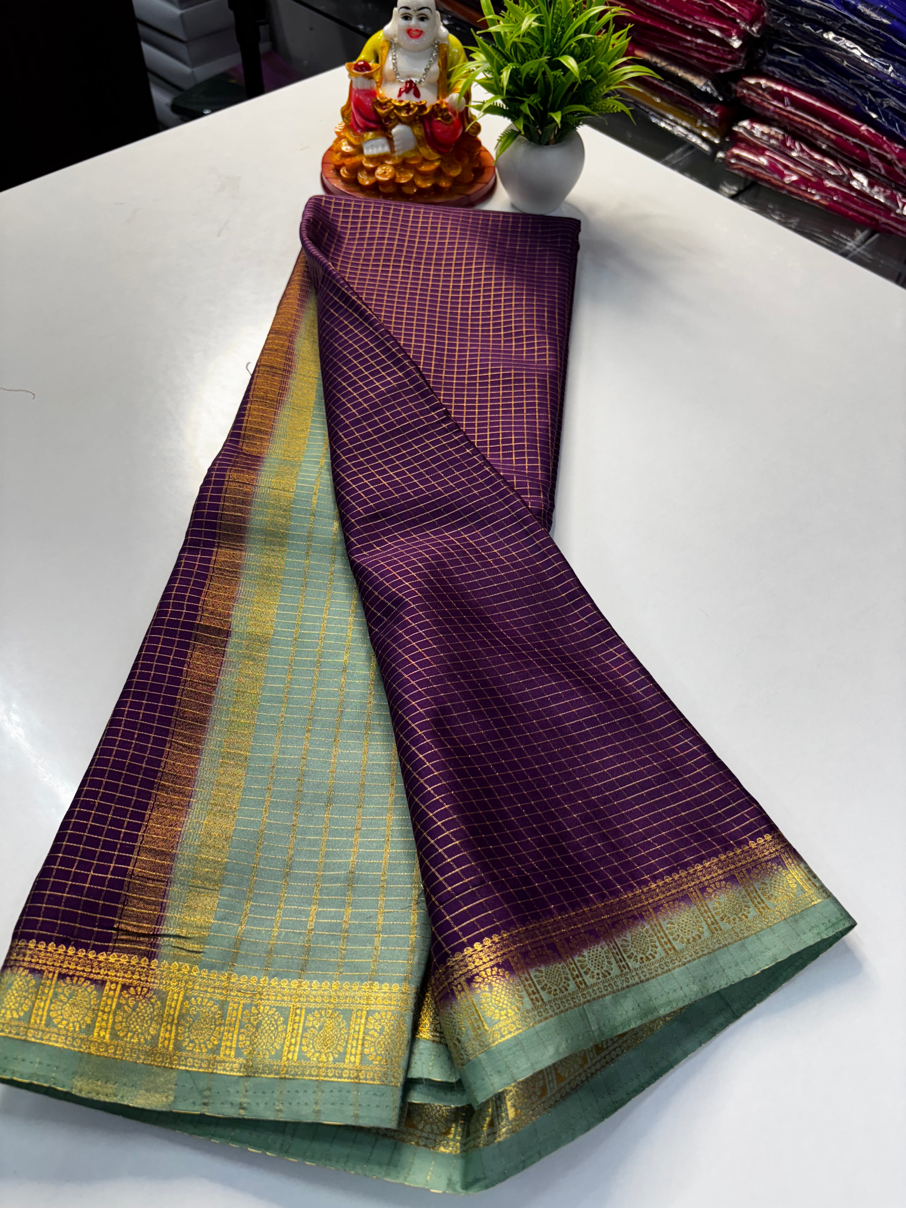 premium Beautiful Mysore Crepe Silk Saree with Chex Pattern & Contrast Blouse and Rich Pallu