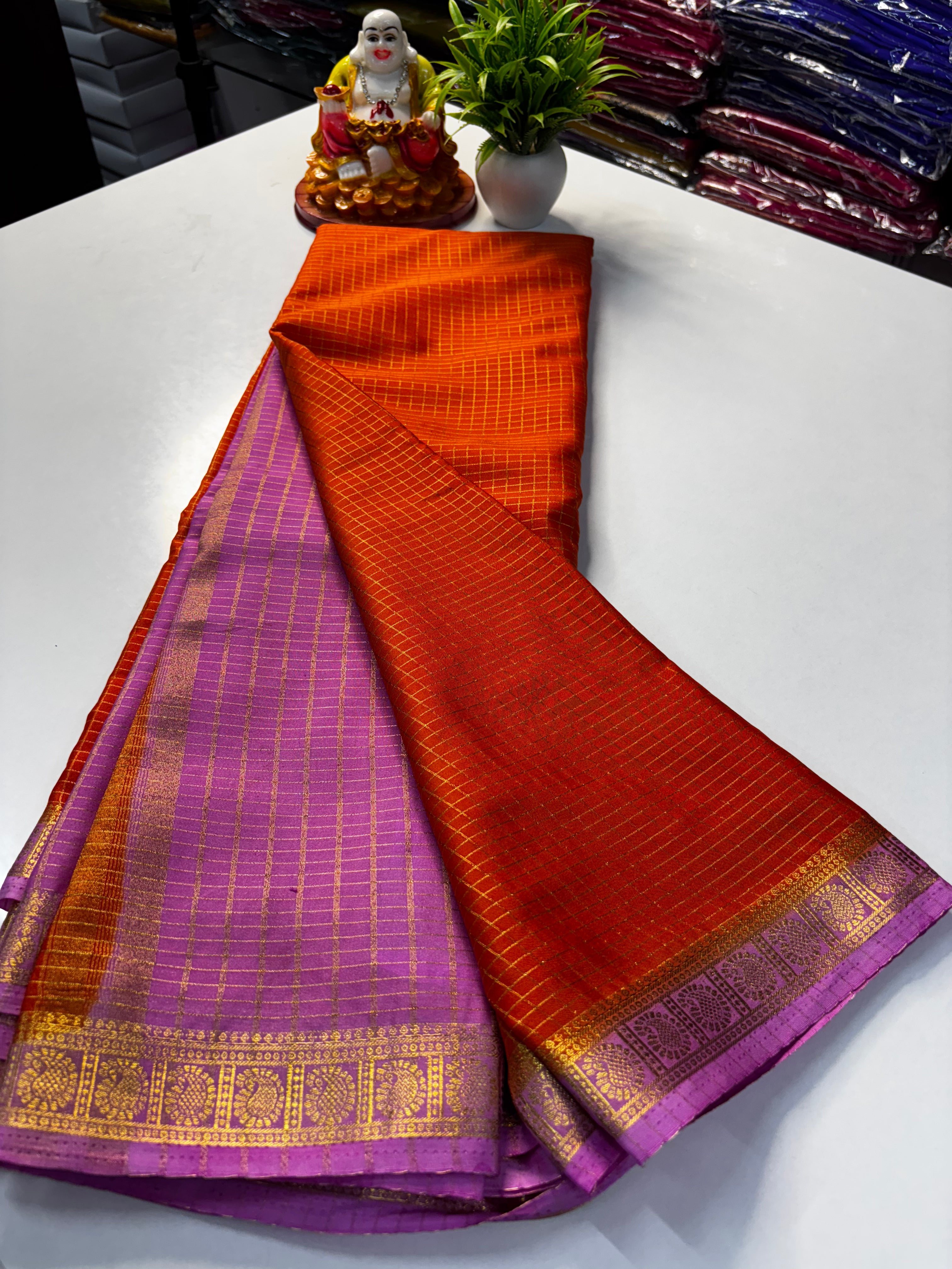 premium Beautiful Mysore Crepe Silk Saree with Chex Pattern & Contrast Blouse and Rich Pallu