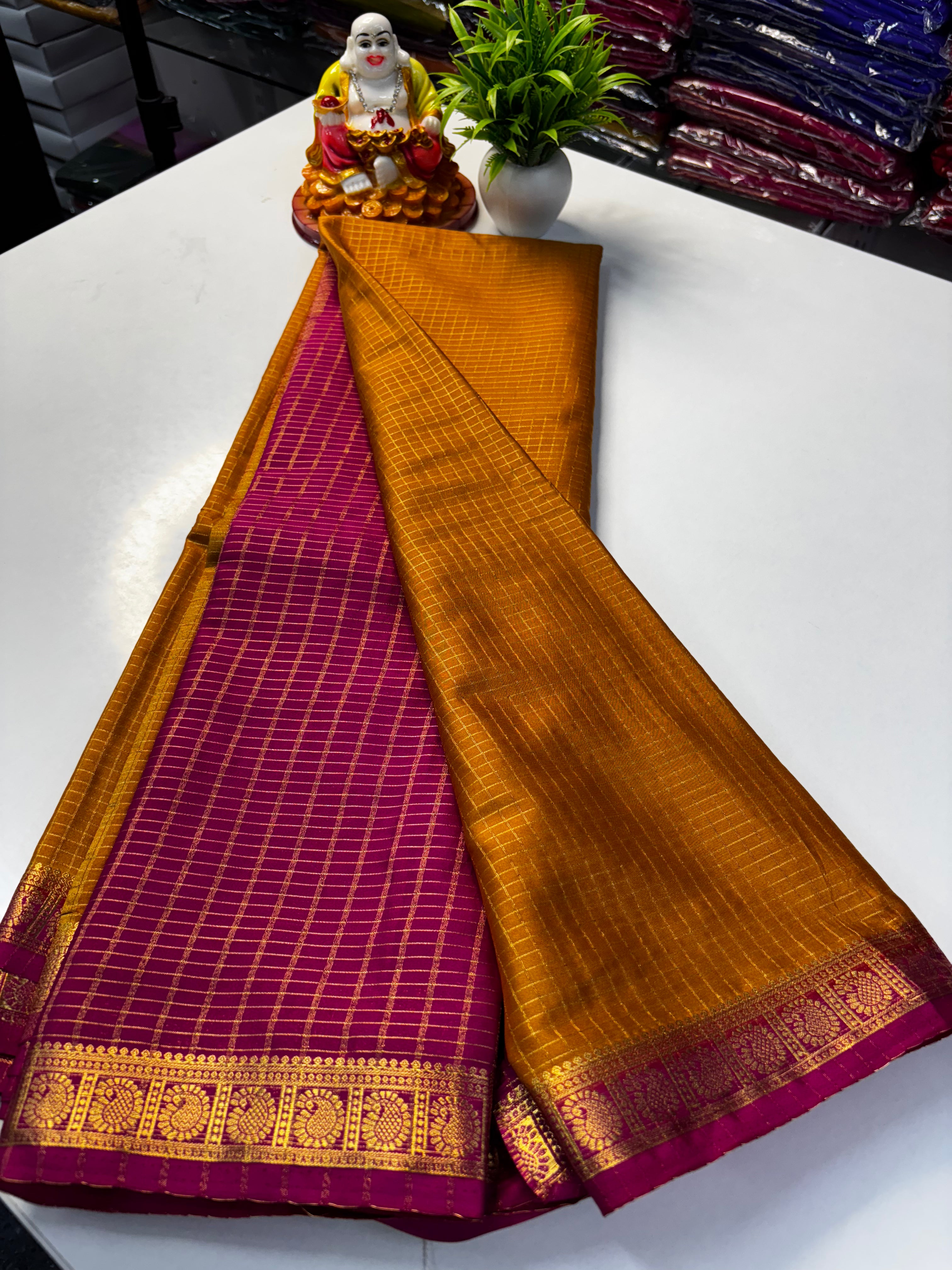premium Beautiful Mysore Crepe Silk Saree with Chex Pattern & Contrast Blouse and Rich Pallu