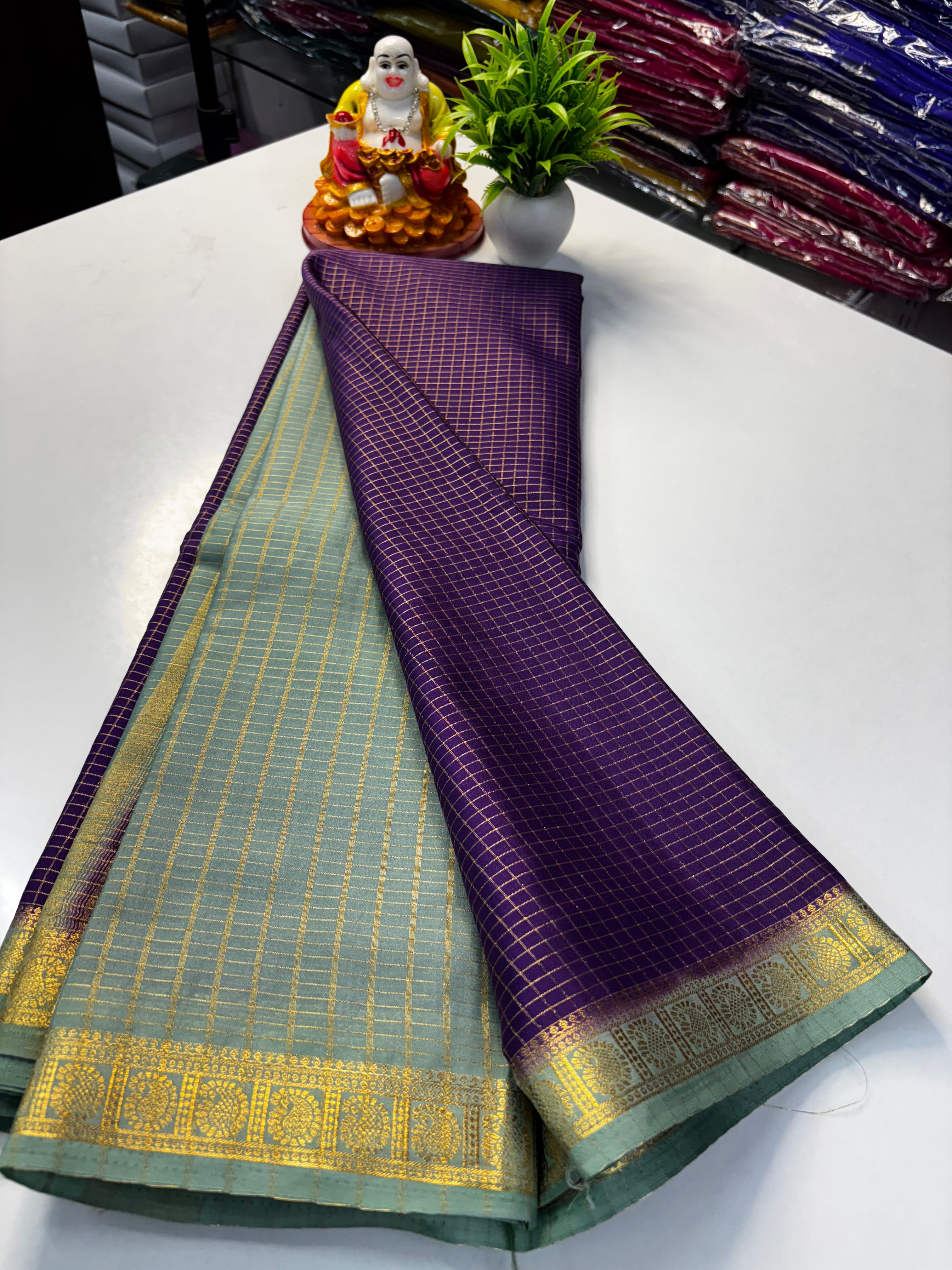 premium Beautiful Mysore Crepe Silk Saree with Chex Pattern & Contrast Blouse and Rich Pallu