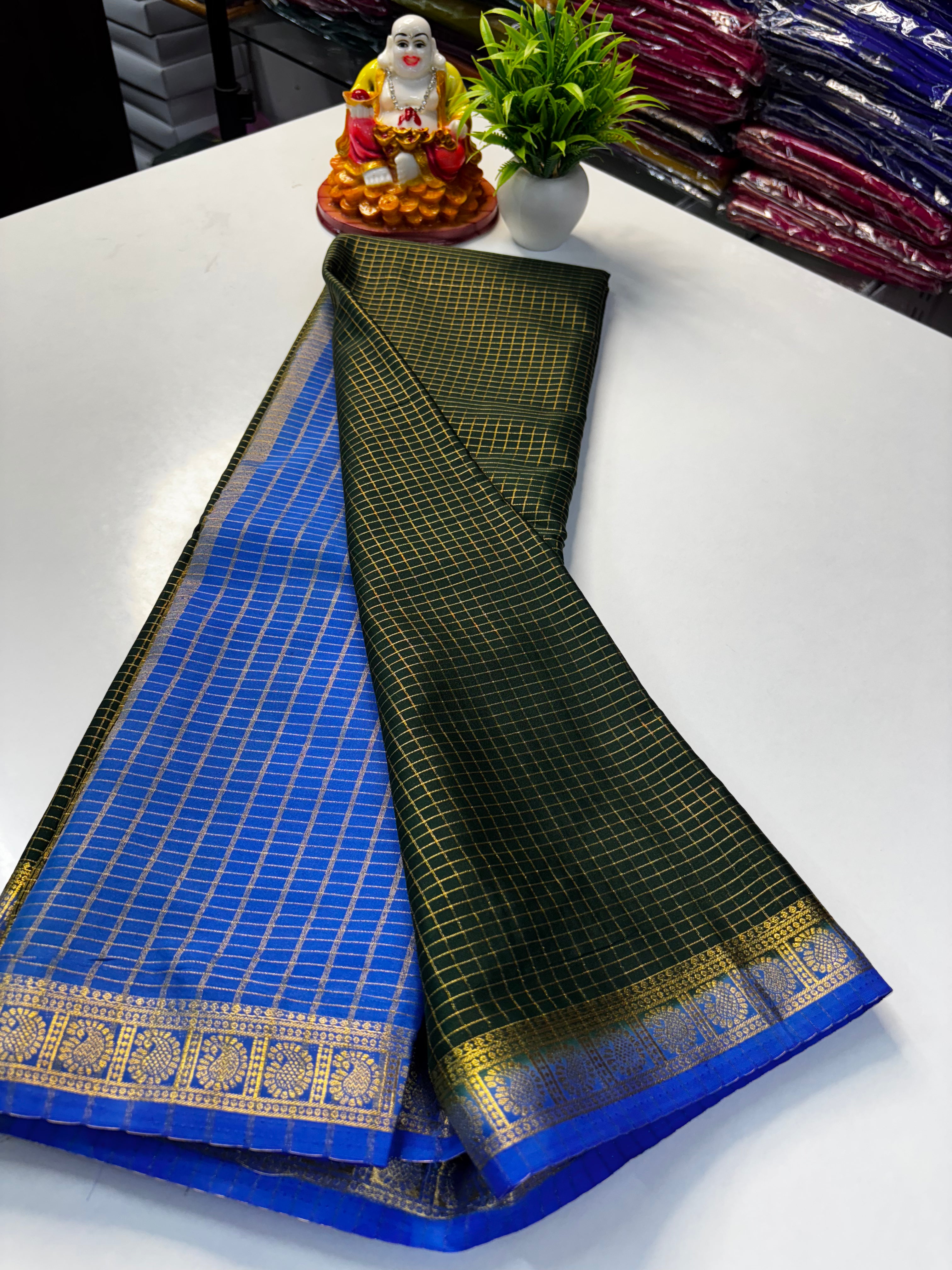 premium Beautiful Mysore Crepe Silk Saree with Chex Pattern & Contrast Blouse and Rich Pallu