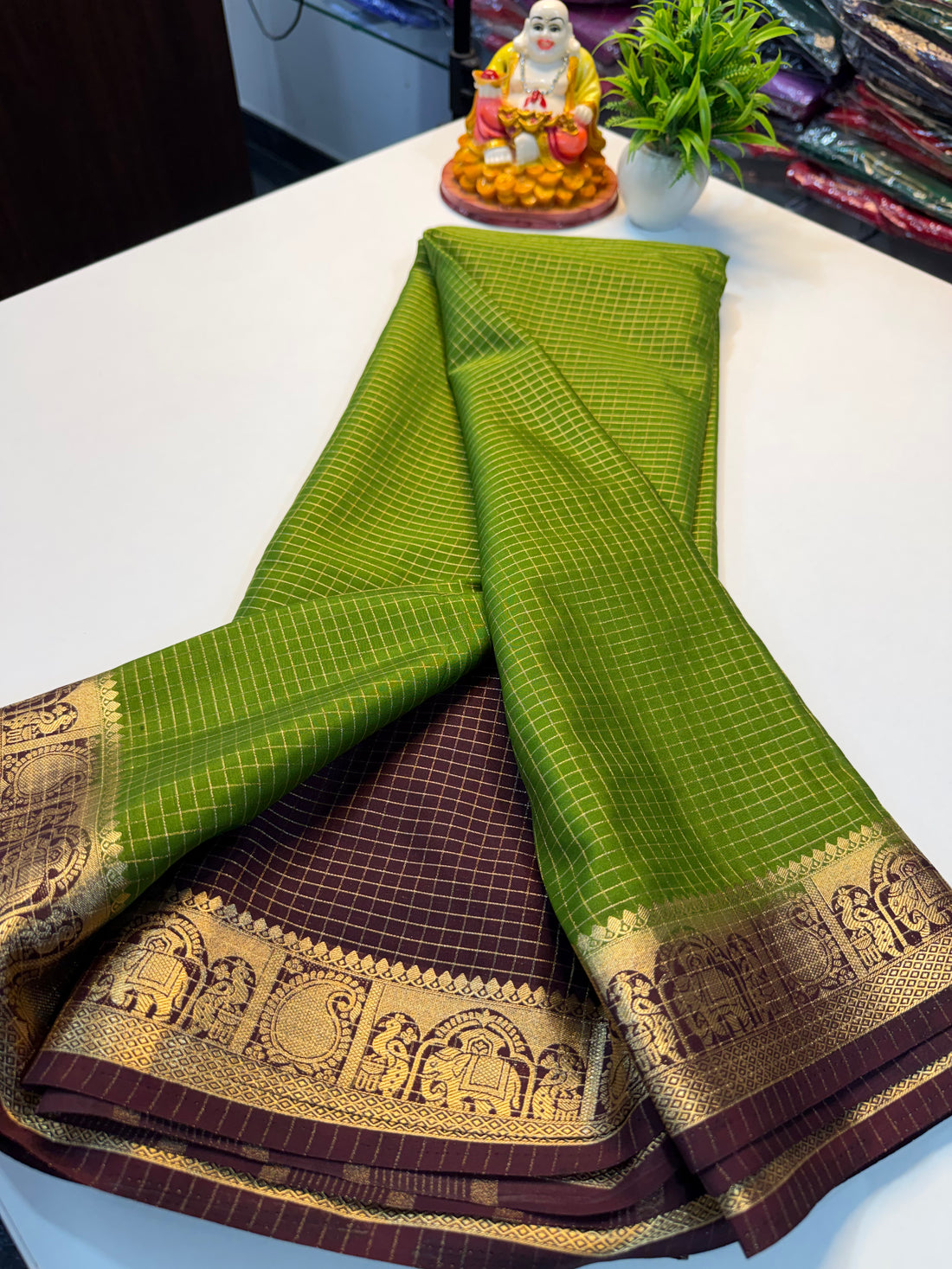 Premium Mysore Silk Crepe Saree with Checks &amp; Elephant-Peacock Border…