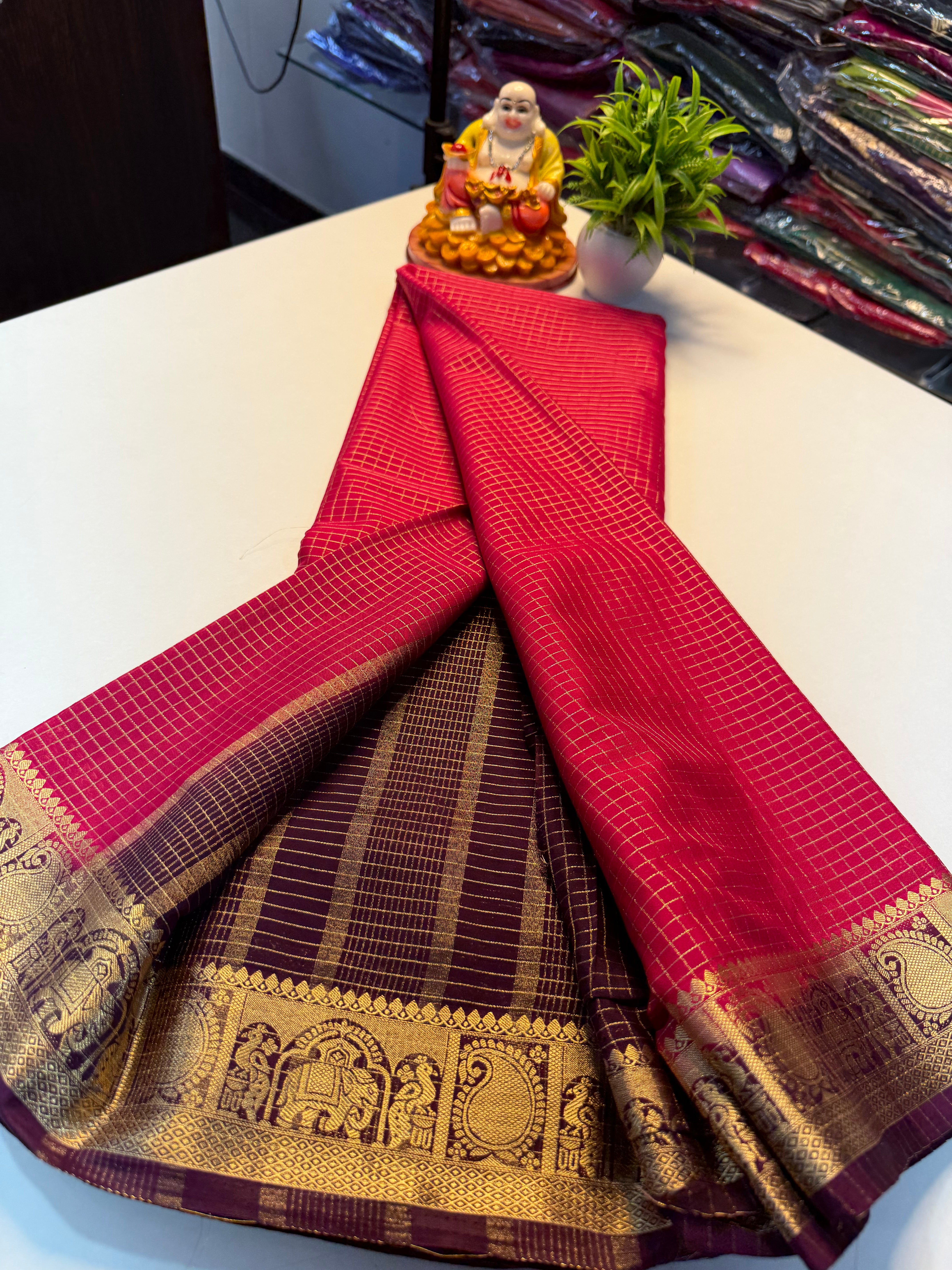 Premium Mysore Silk Crepe Saree with Checks &amp; Elephant-Peacock Border…