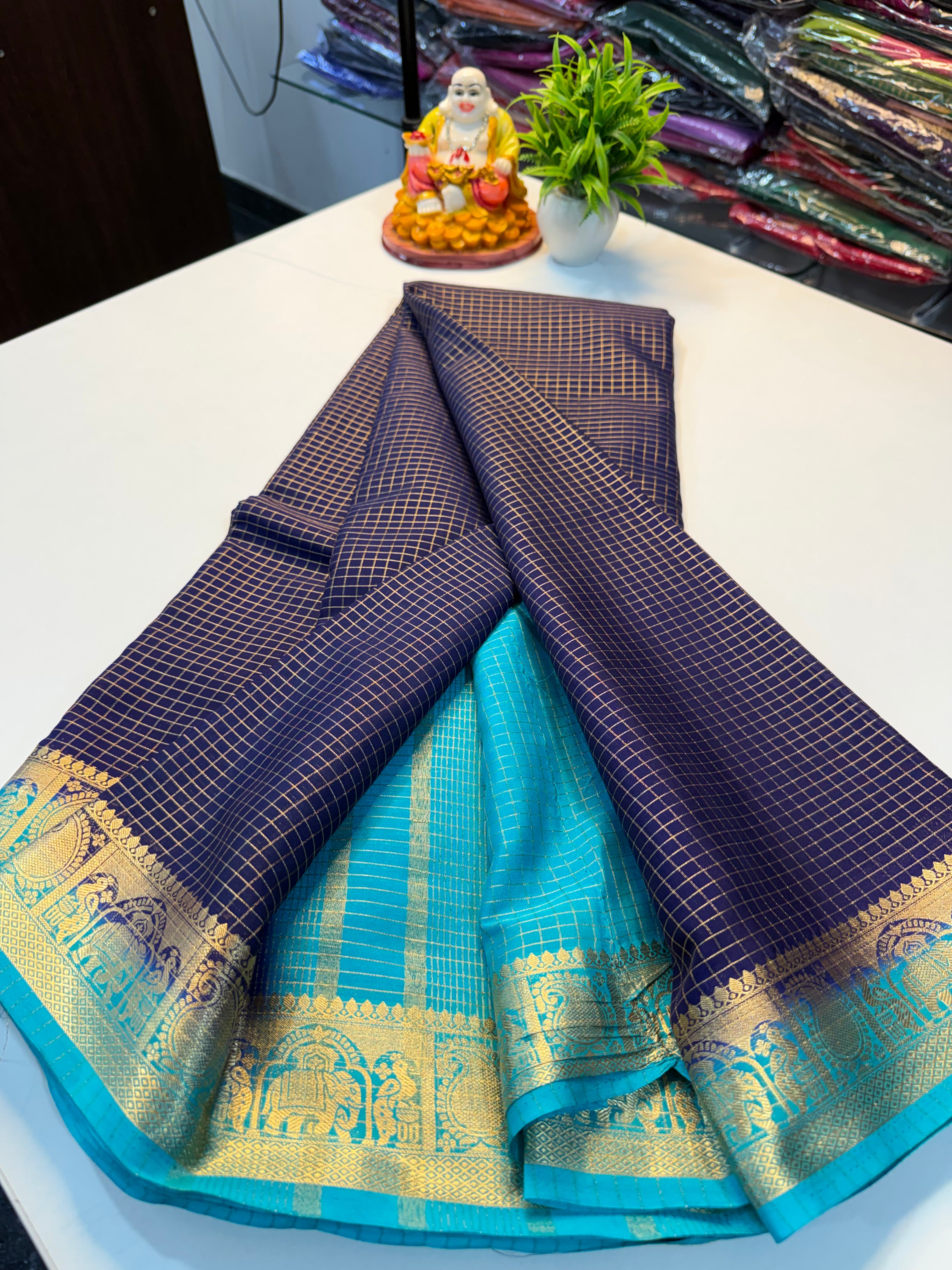 Premium Mysore Silk Crepe Saree with Checks &amp; Elephant-Peacock Border…