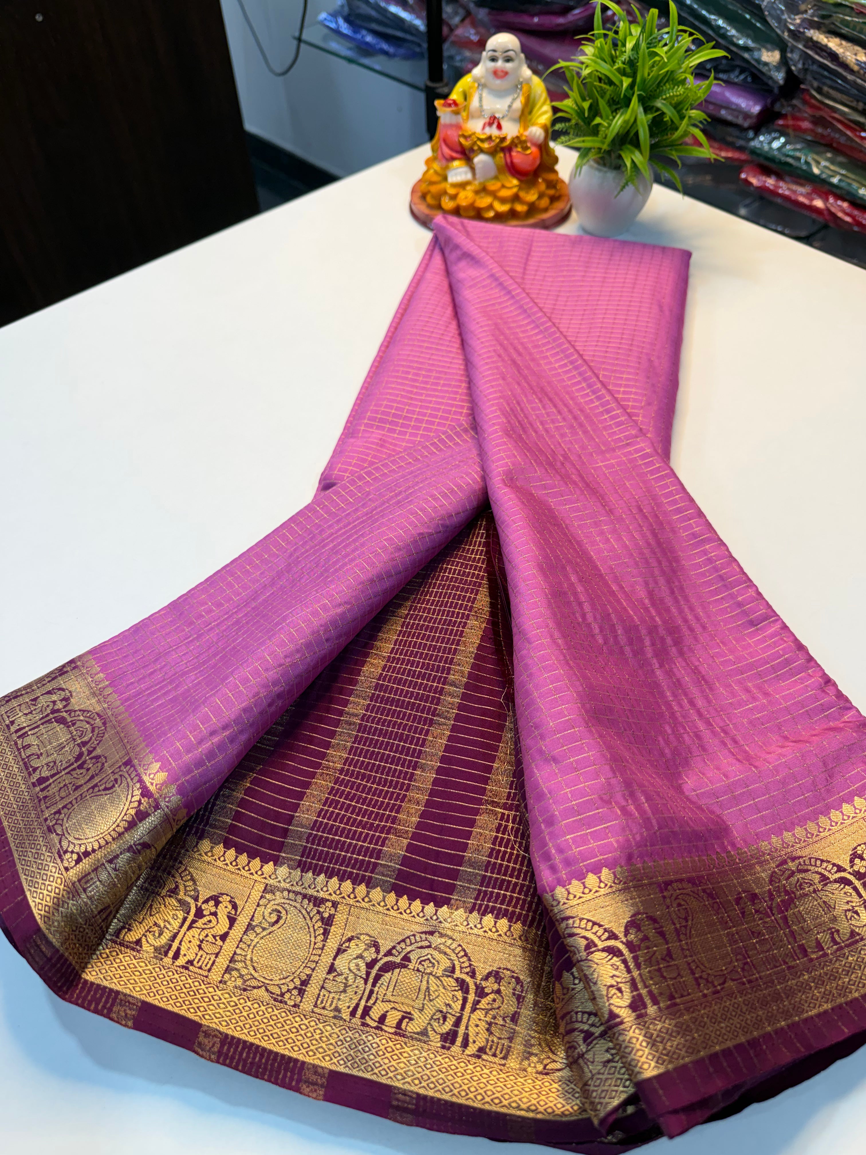 Premium Mysore Silk Crepe Saree with Checks &amp; Elephant-Peacock Border…