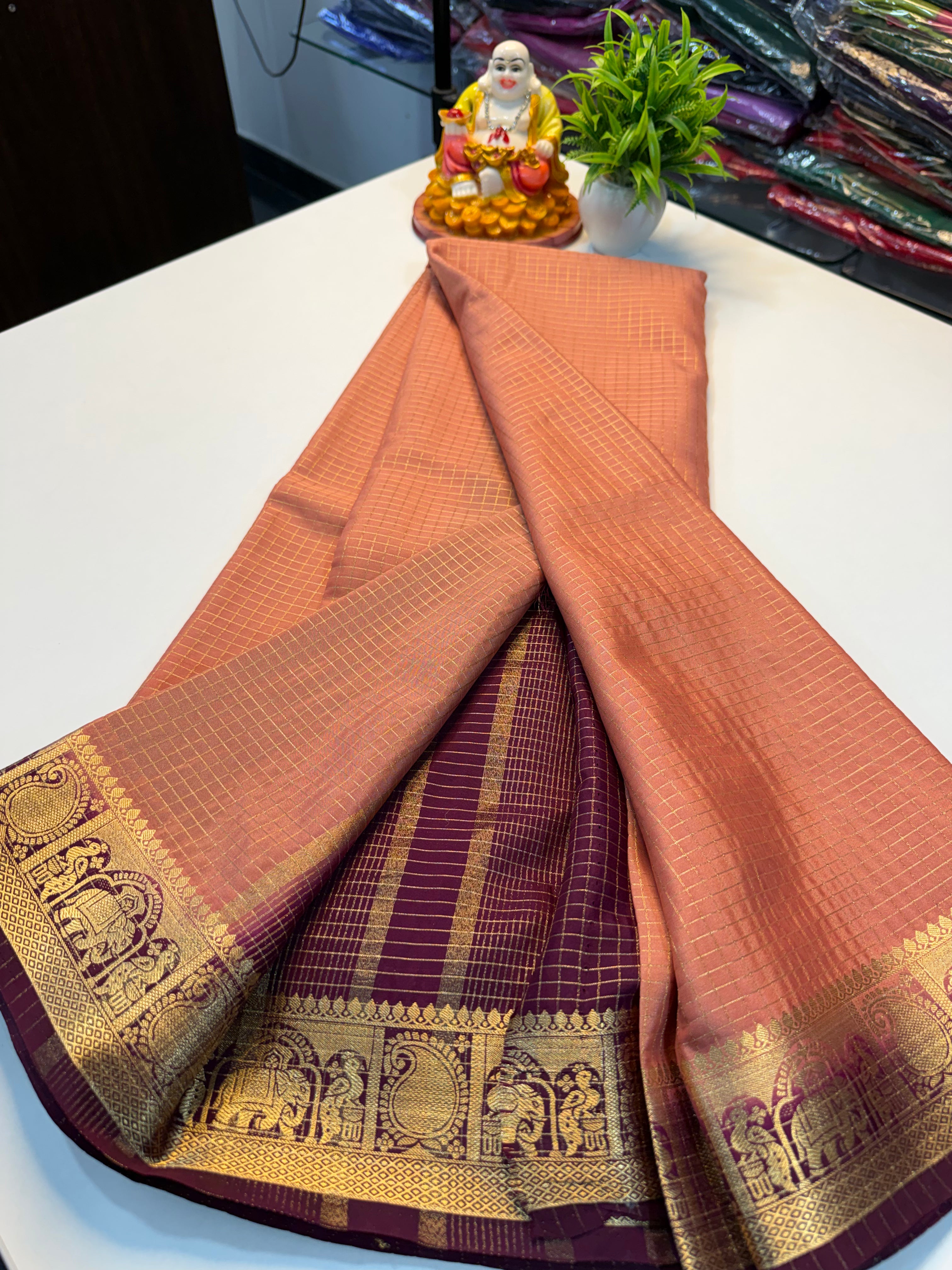 Premium Mysore Silk Crepe Saree with Checks &amp; Elephant-Peacock Border…