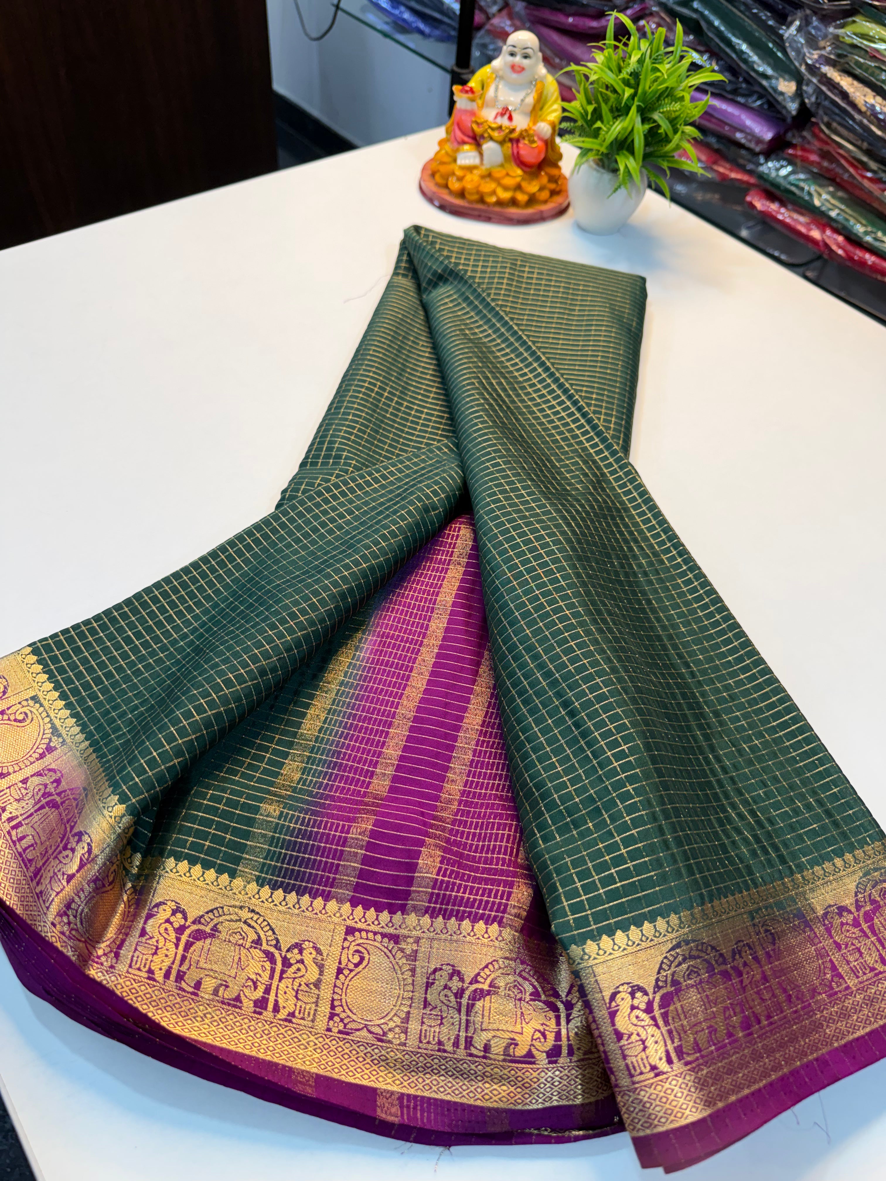 Premium Mysore Silk Crepe Saree with Checks &amp; Elephant-Peacock Border…