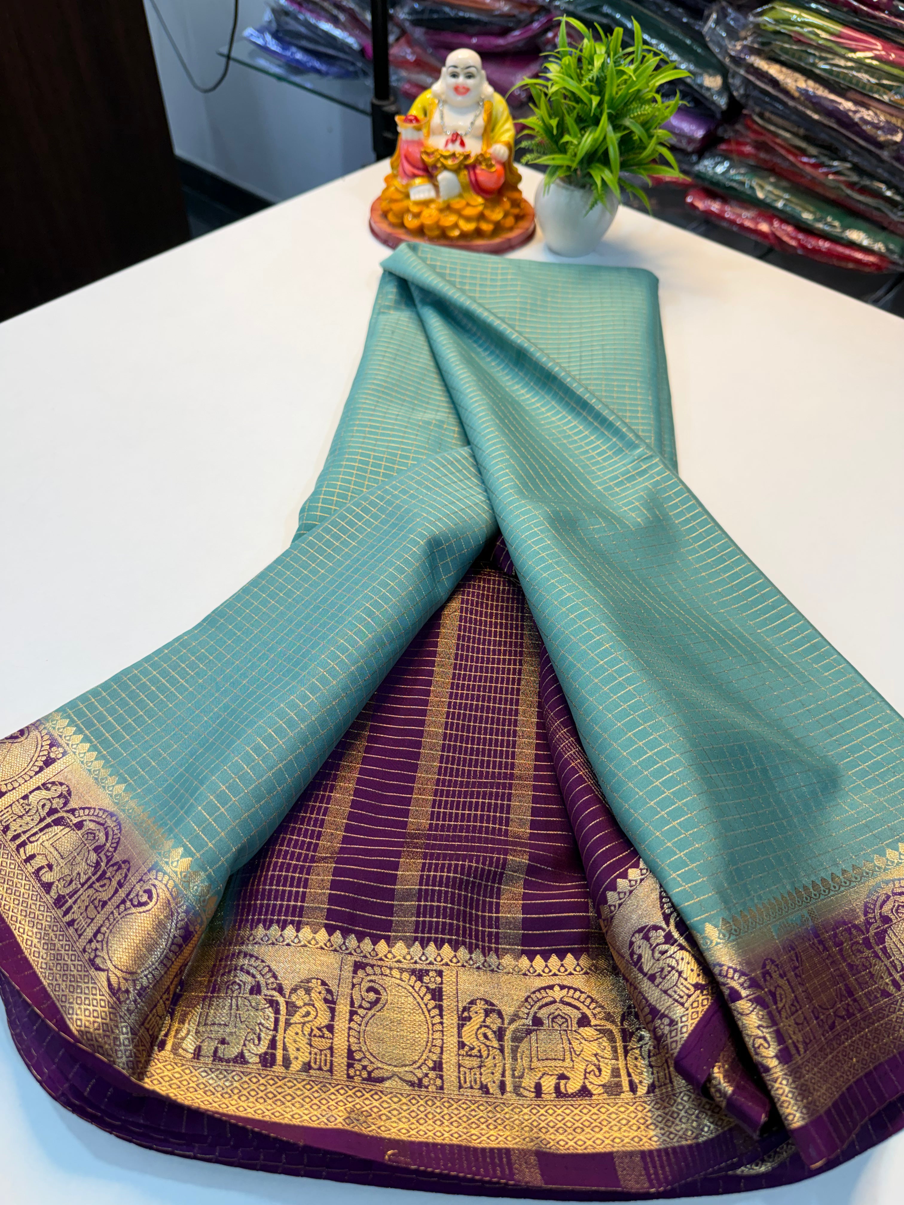 Premium Mysore Silk Crepe Saree with Checks &amp; Elephant-Peacock Border…
