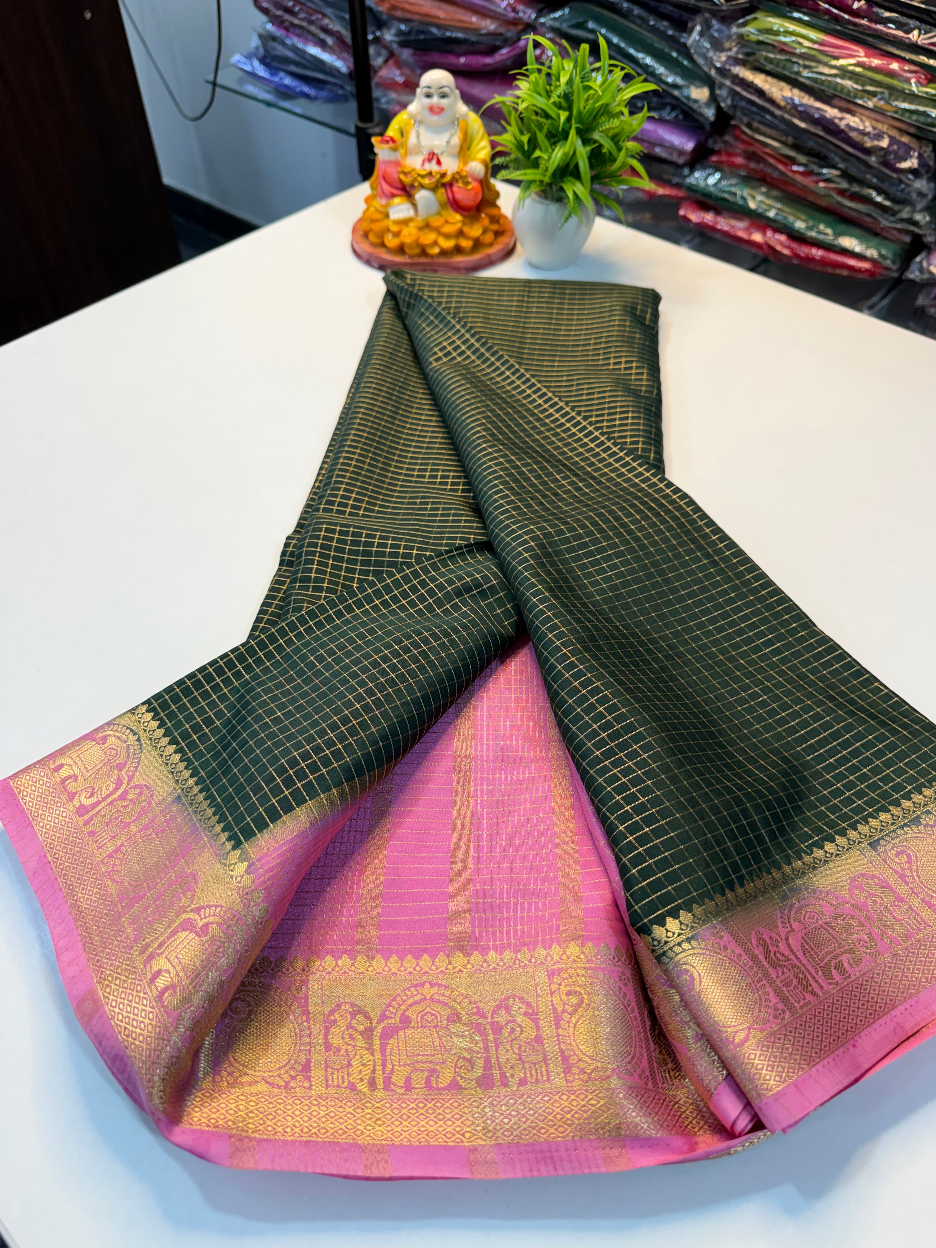 Premium Mysore Silk Crepe Saree with Checks &amp; Elephant-Peacock Border…